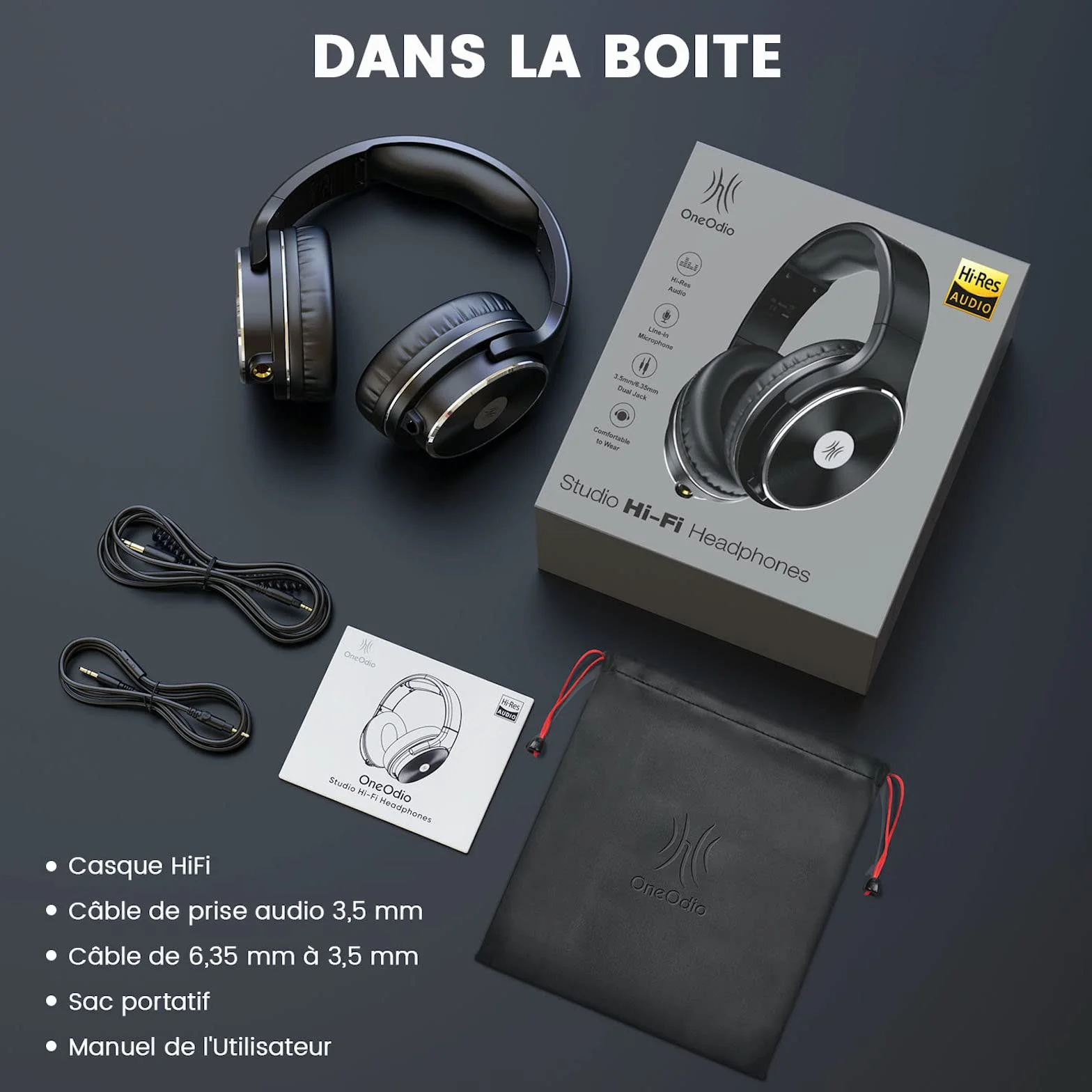 OneOdio Casque Audio Filaire Hi-Fi Hi-Res pour Guitare Piano avec Micro, Confort Léger, Noir