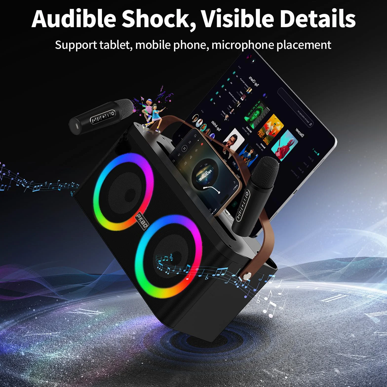 PKBD Machine de Karaoké Portable avec 2 Microphones sans Fil et Lumières LED