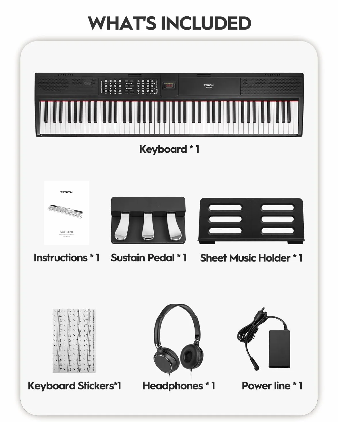 STRICH Piano électrique 88 touches lesté avec pédale de soutien, mécanisme martelé, 2 haut-parleurs 15 W, USB MIDI/sans fil, SDP