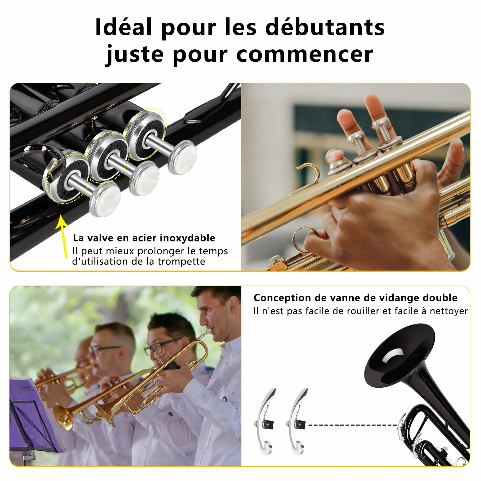 EASTROCK Trompette en Sib pour débutant, laiton standard avec étui, gants, embouchure 7C (Noir)