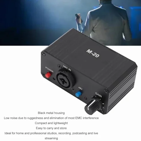Préampli de Microphone 48 V avec Alimentation Fantôme, Sortie XLR pour Micro Dynamique et Condensateur