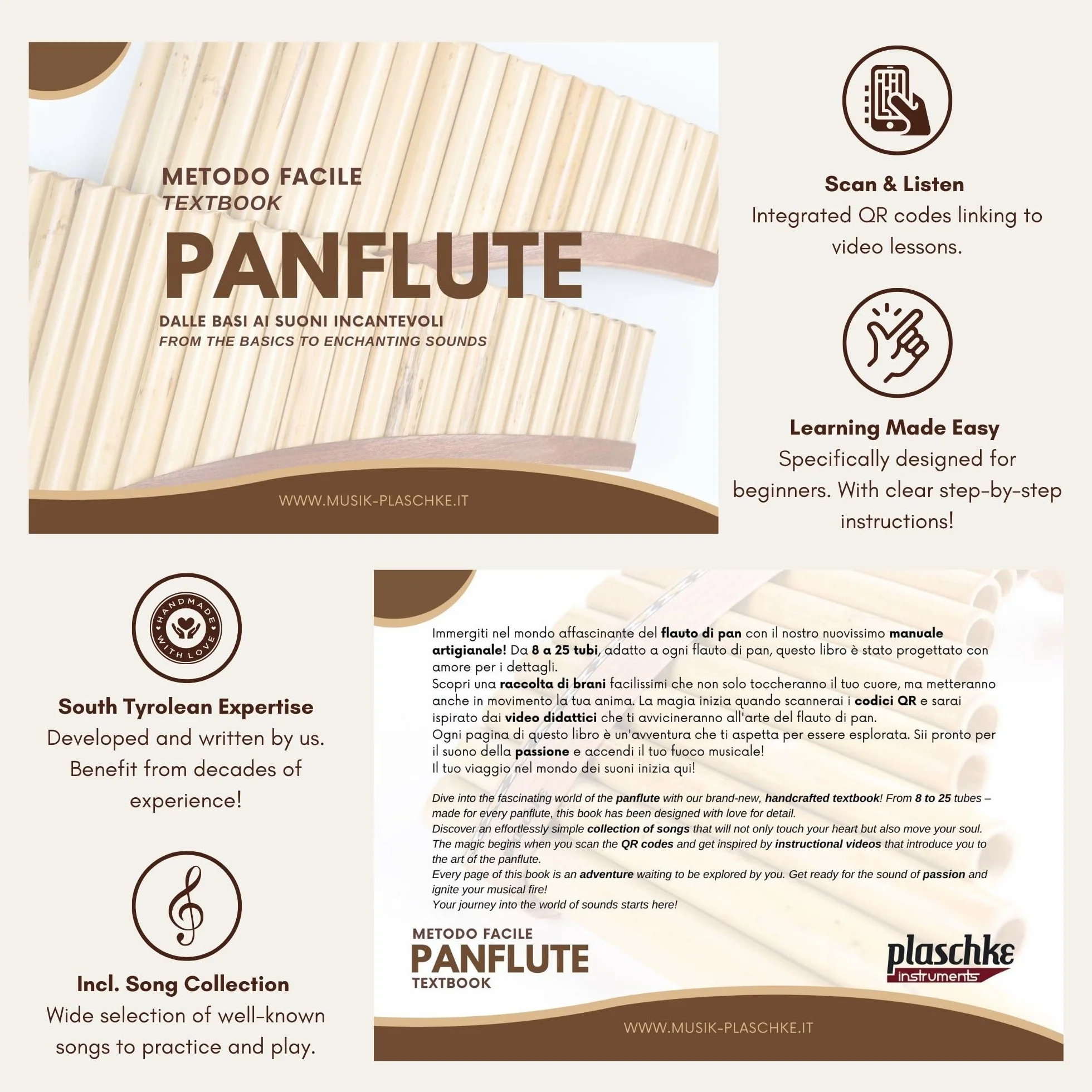 Flûte de Pan Plaschke 12 tubes en bois fait main avec livre d'instructions
