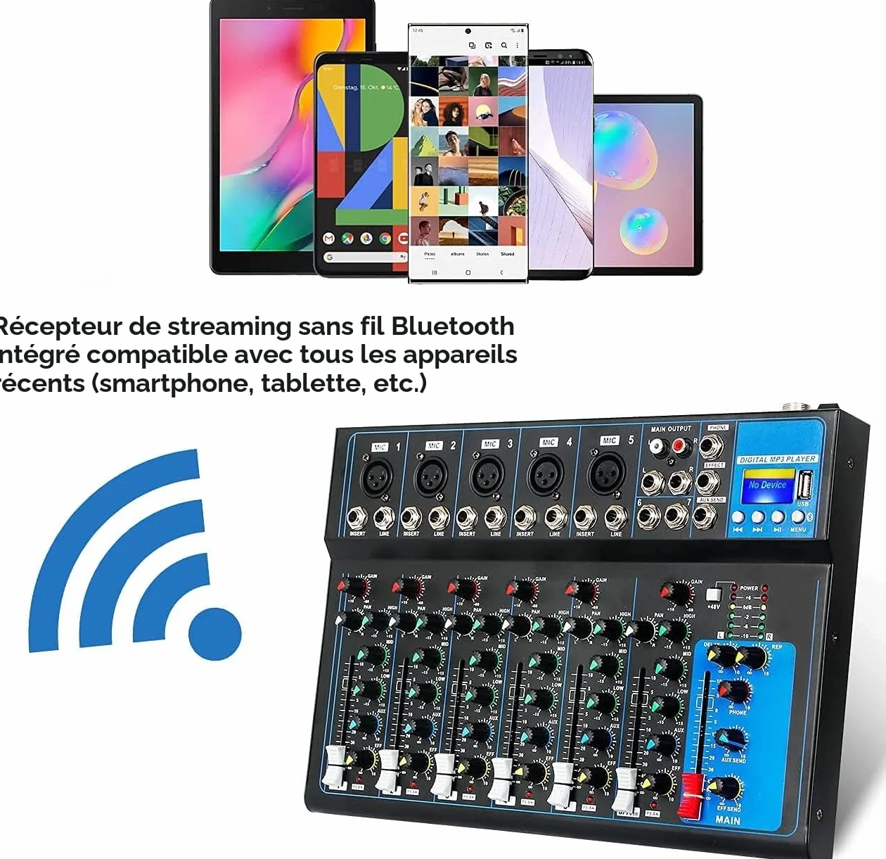 Depusheng HT7 Table de mixage audio Bluetooth portable 7 canaux USB MP3 48V