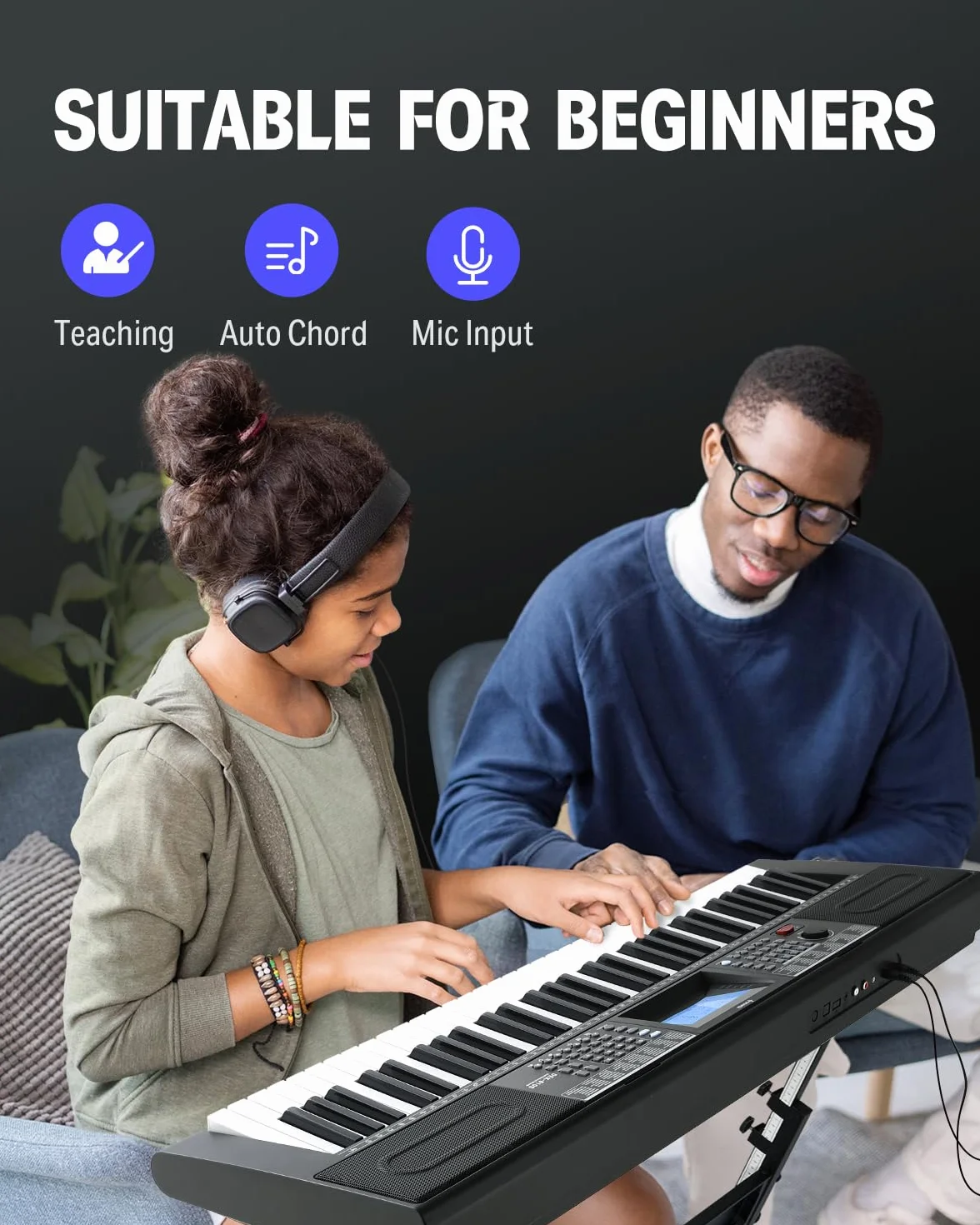 Donner DEK-610S Clavier Électrique 61 Touches 249 Voix 249 Rythmes avec Support Tabouret Microphone Noir