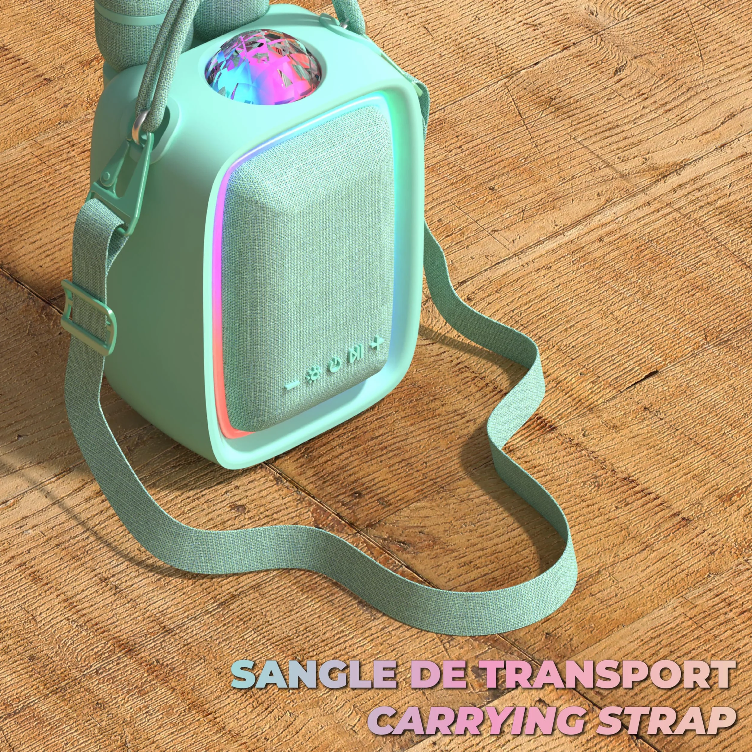 Enceinte Karaoké Portable pour Enfant et Adulte avec Projecteur Disco, 2 Micros sans Fil, Rechargeable USB-C, Carte SD - Menthe