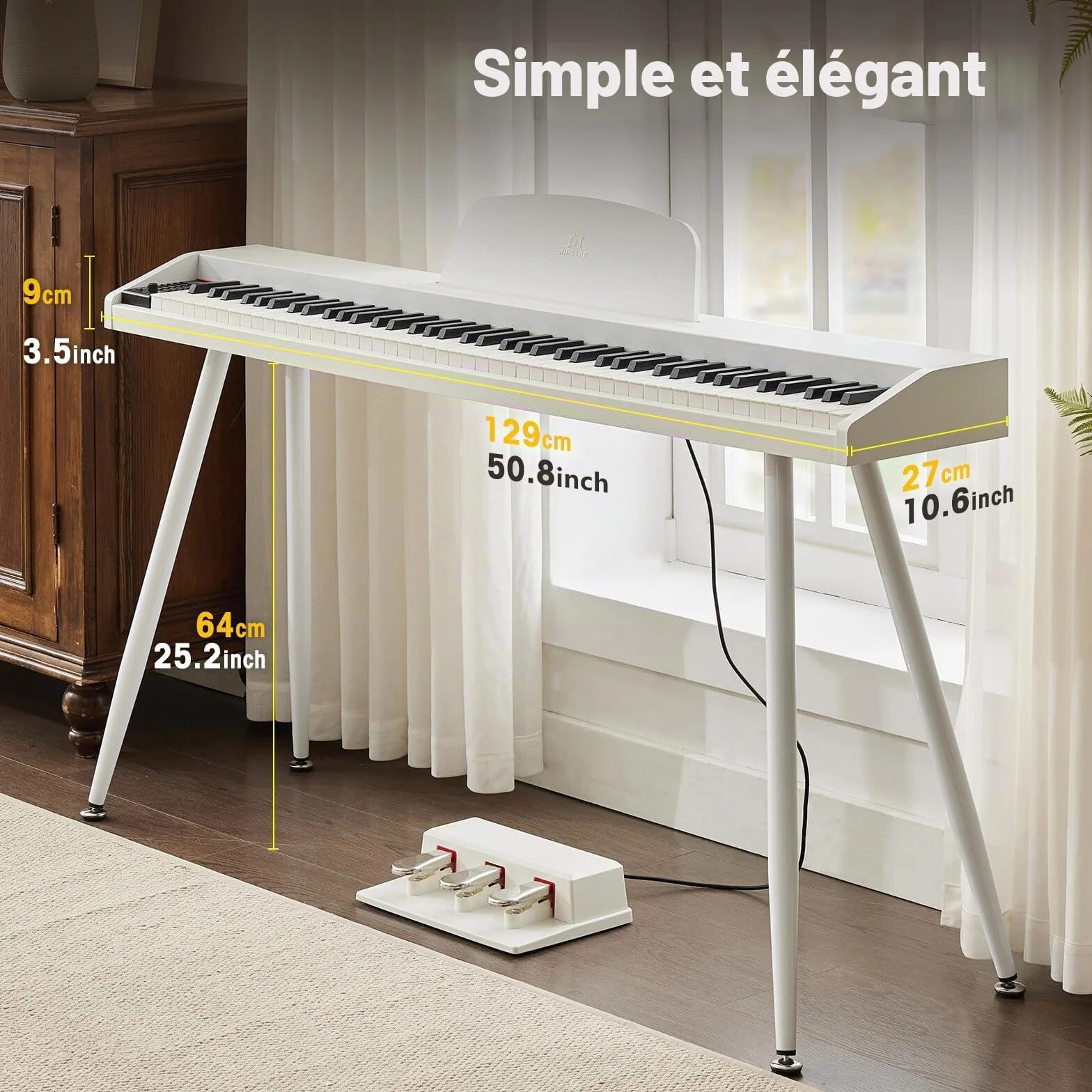 MUSTAR Piano numérique 88 touches taille complète avec 3 pédales, portable, MIDI-USB, support, blanc