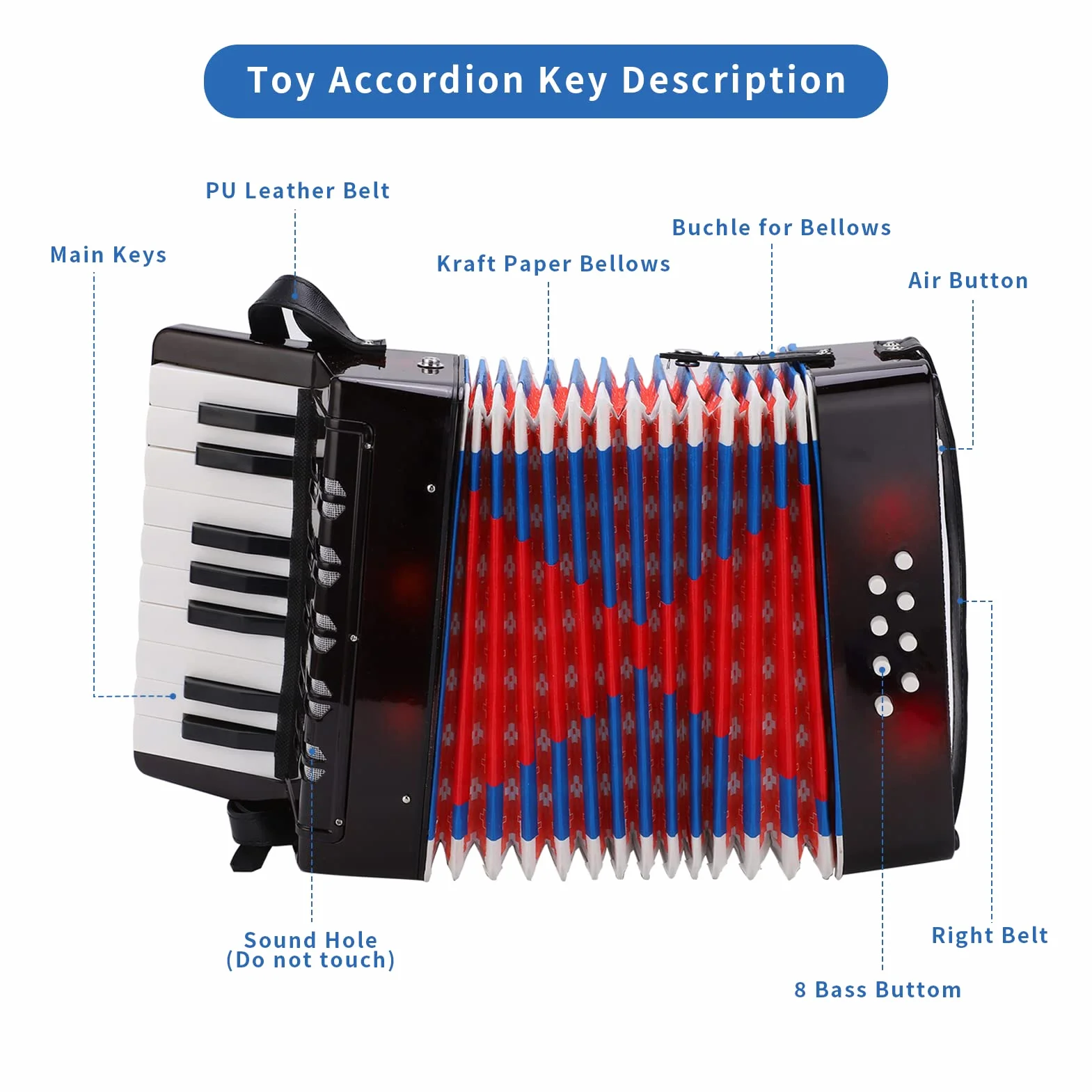 Accordéon Enfant 17-Clé 8 Basse Instrument Jouet avec Sangle en Cuir Rétractable Cadeau Débutants