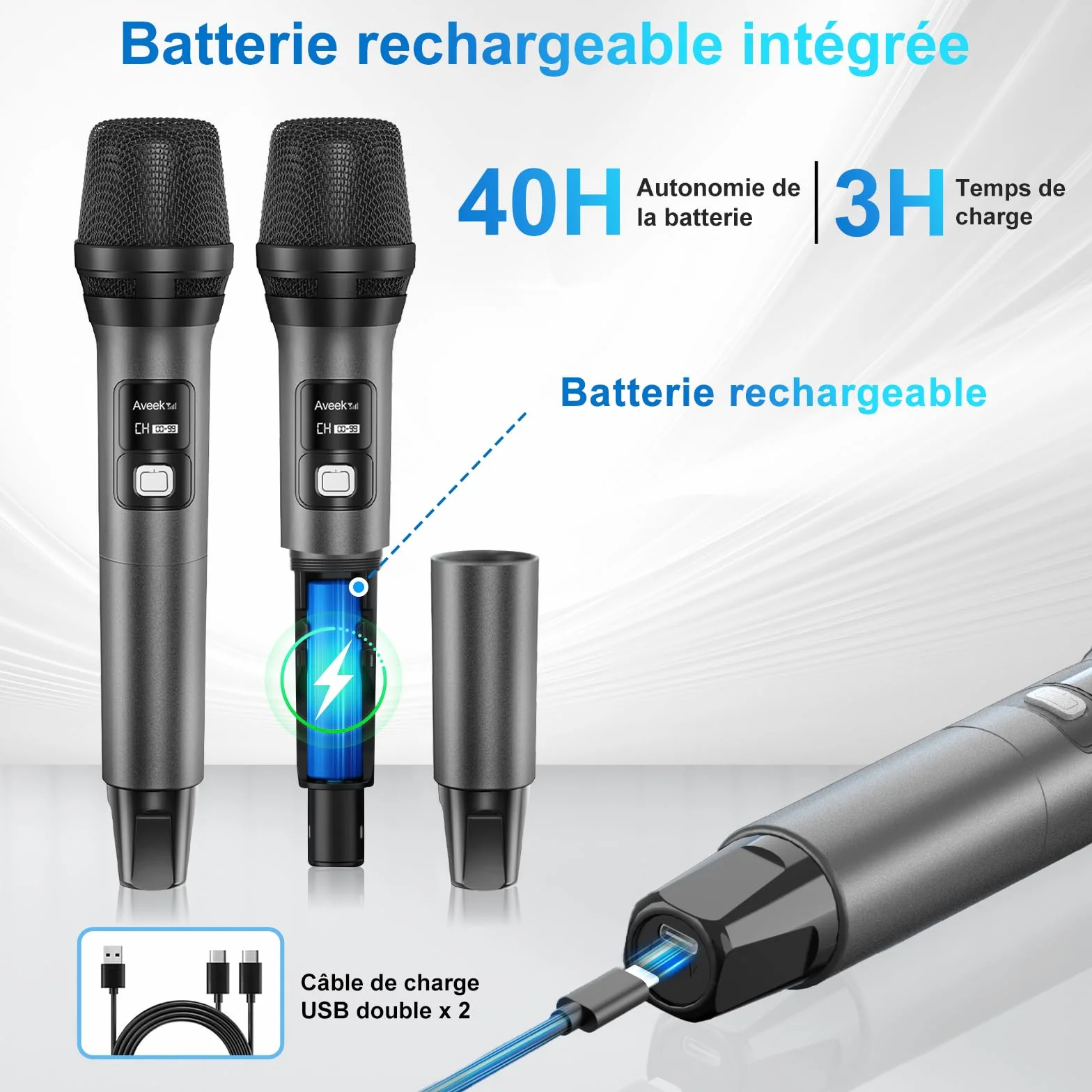Aveek Système de microphone sans fil avec 4 micros dynamiques portatifs, portée 80 m, batterie 40 heures, faible latence