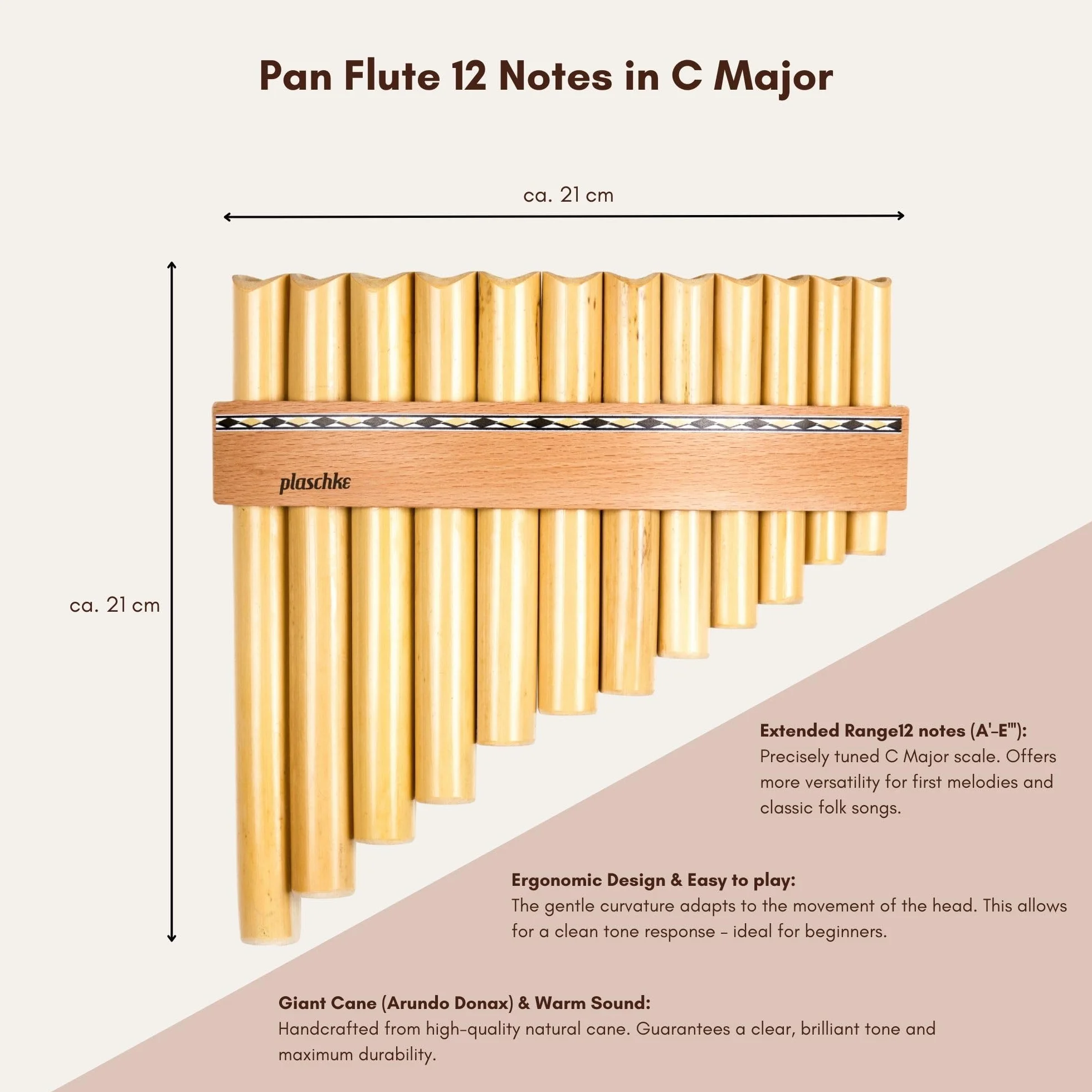 Flûte de Pan Plaschke 12 tubes en bois fait main avec livre d'instructions