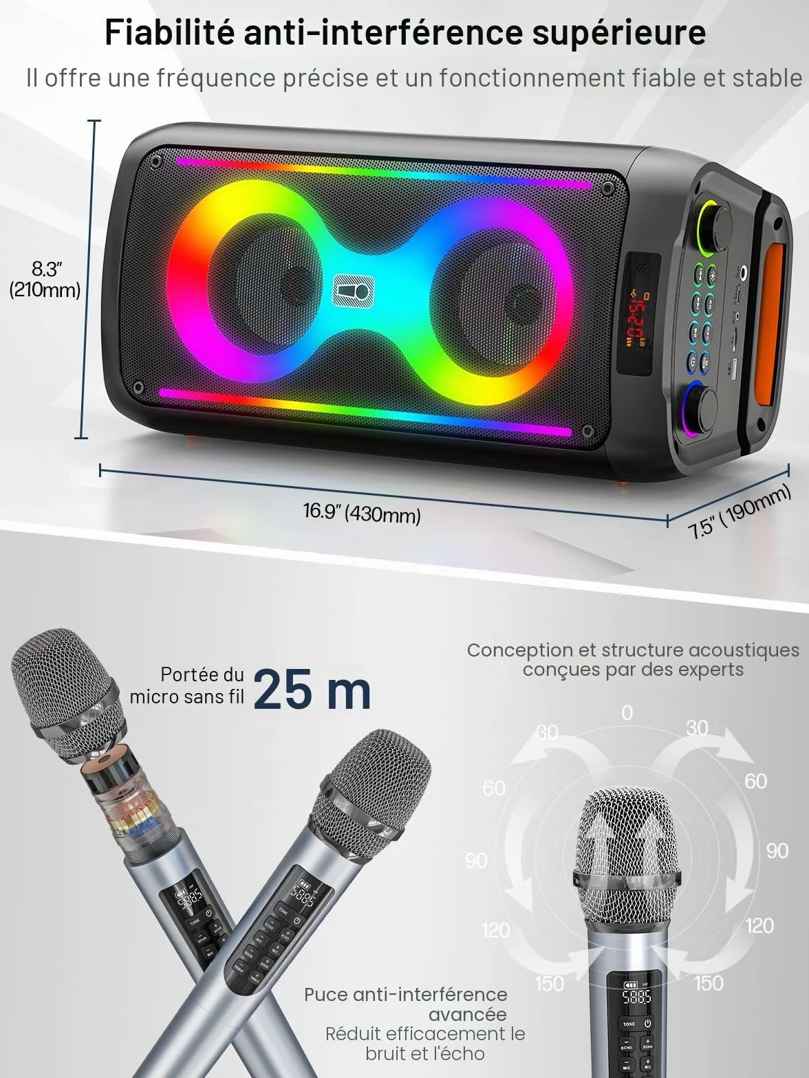 Machine de karaoké portable extérieur avec 2 microphones sans fil, système PA lumières LED, batterie 6000 mAh