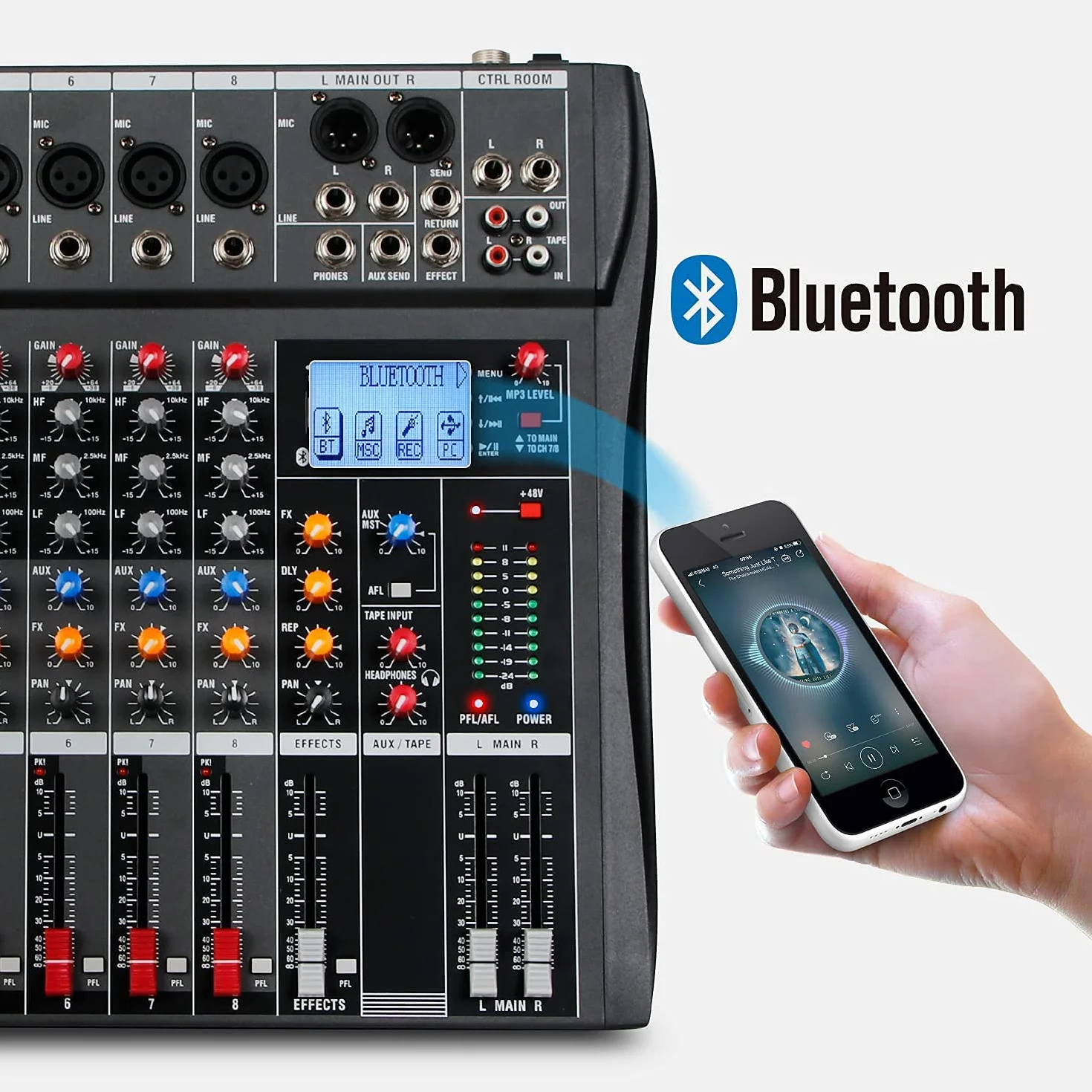 Depusheng DA8 Console de mixage audio professionnelle 8 canaux Bluetooth USB MP3 Alimentation fantôme 48V Noir