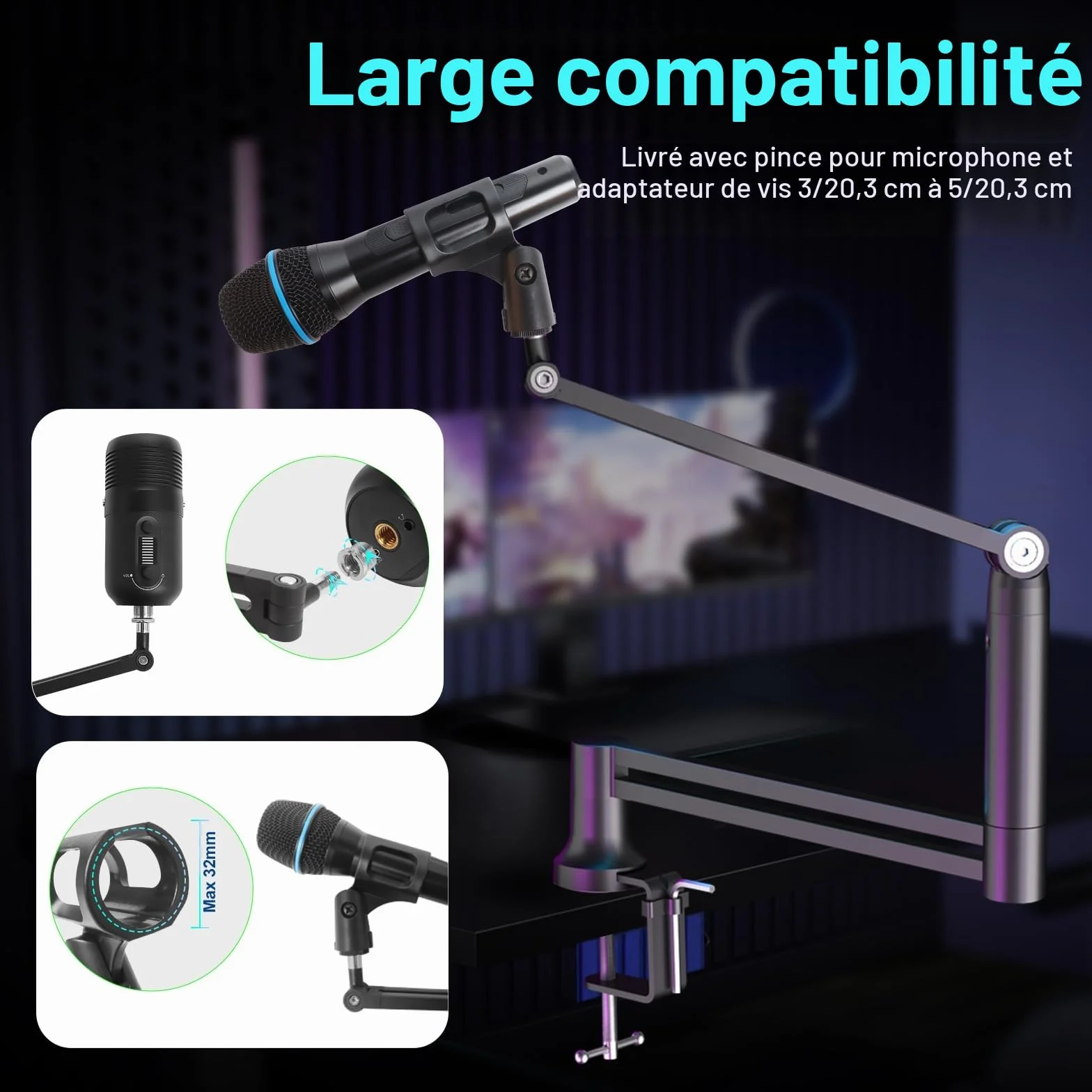 Bras de Microphone Ajustable 360° Rotatif 90° Pliable pour Streaming, Recording, Podcast, Gaming, Noir