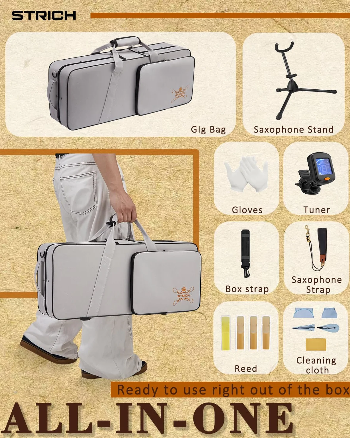 STRICH SSA-31 Kit de saxophone alto en cuivre pour débutants avec sangle, bec et anches