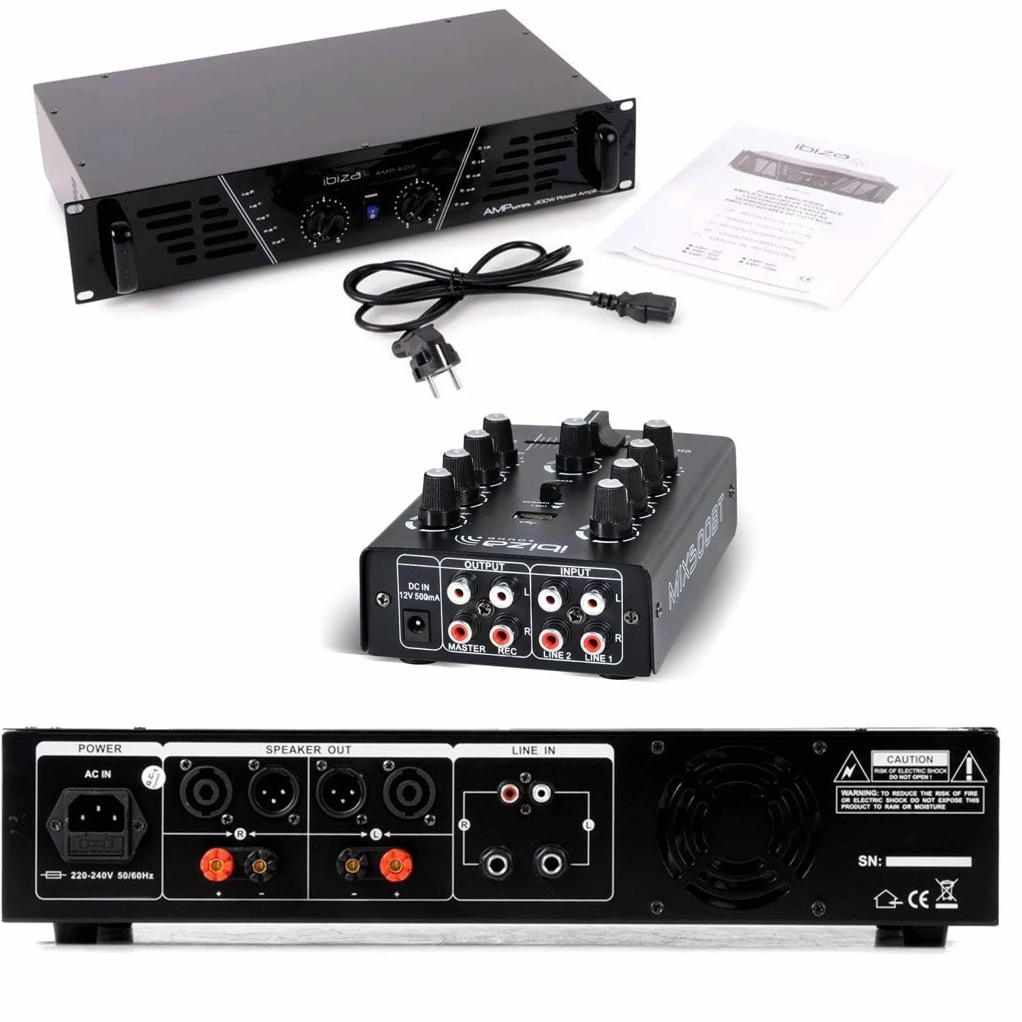 Pack Sono DJ-MIX500-BT 500W Ampli Enceintes Table Mixage USB Bluetooth Micro Câbles
