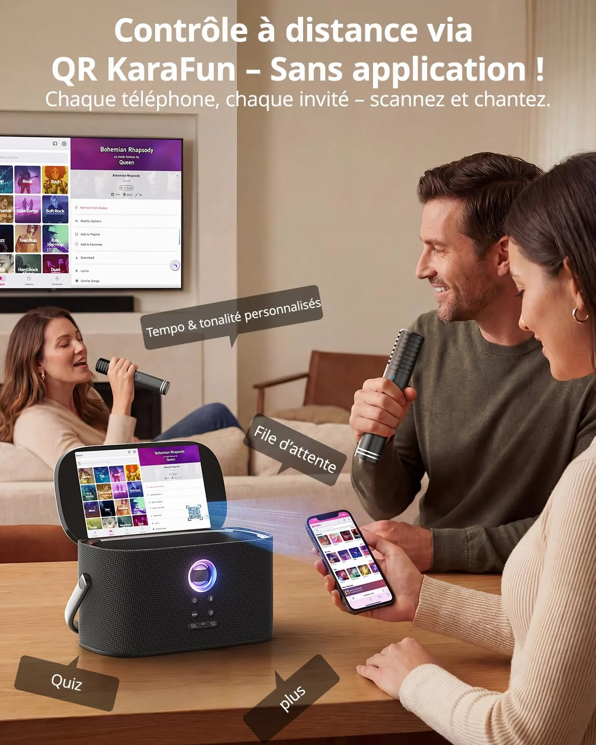 Ikarao Karaoké Adulte Enceinte Pro avec Écran 2 Micros sans Fil 140W Compatible Wi-Fi HDMI TV Abonnement Karafun Inclus Shell S2