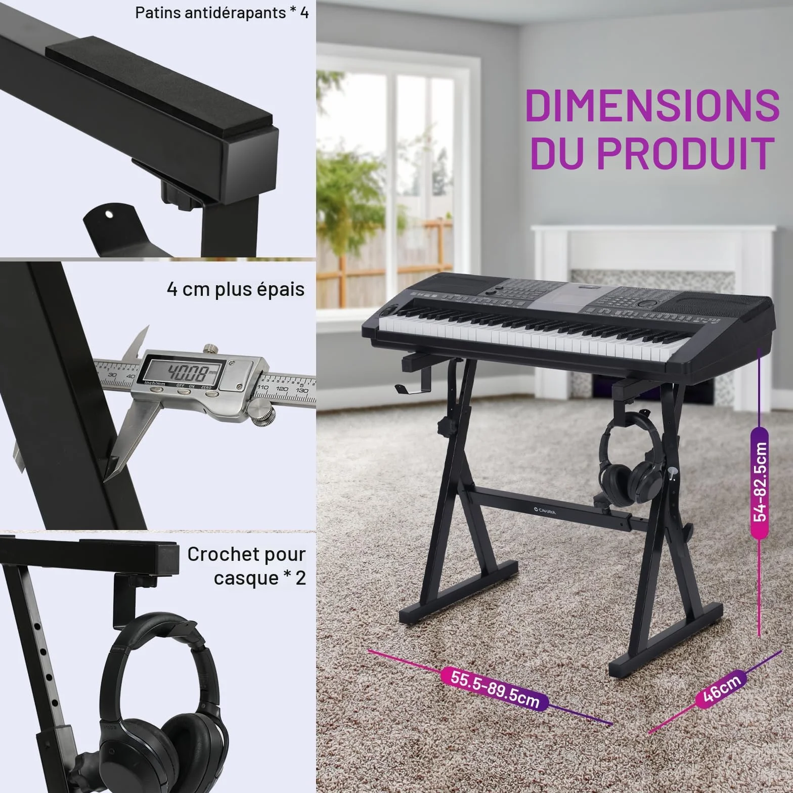 CAHAYA Support de clavier réglable 113 kg, double en Z 4 cm, hauteur et longueur réglables pour piano numérique 61 76 88 touches