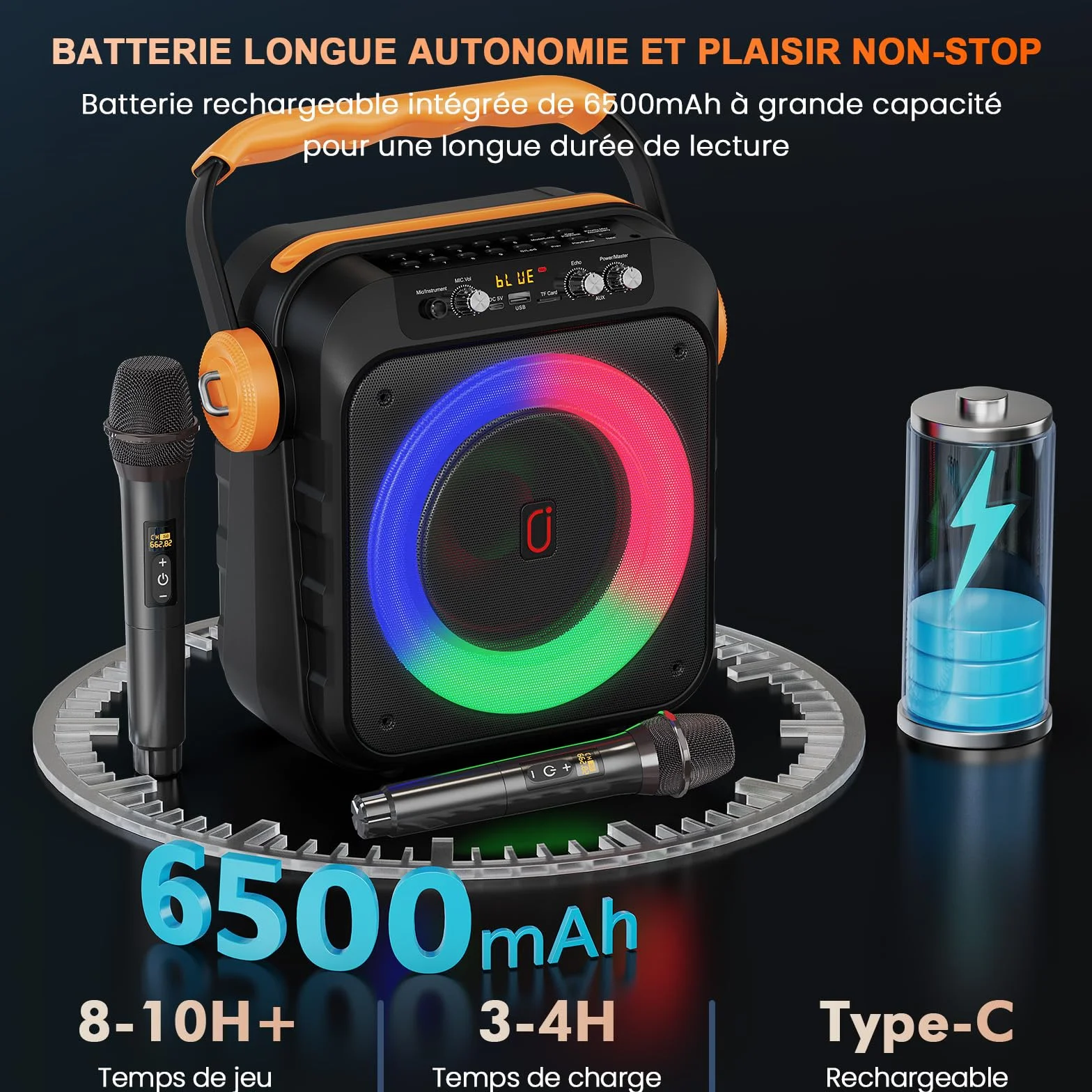 JYX Enceinte Karaoke 80W 2 Micros sans Fil Subwoofer 6,8'' Batterie 6500mAh Lumières LED