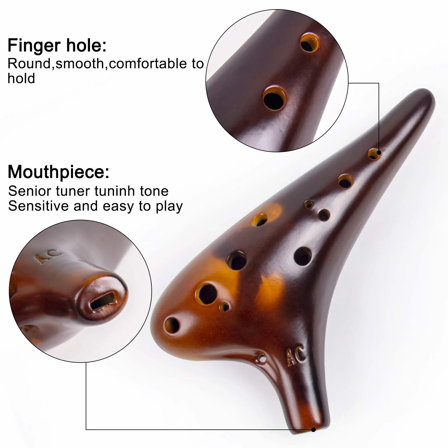 Ocarina 12 trous Alto C Céramique avec sac de transport et livre de musique (Marron)