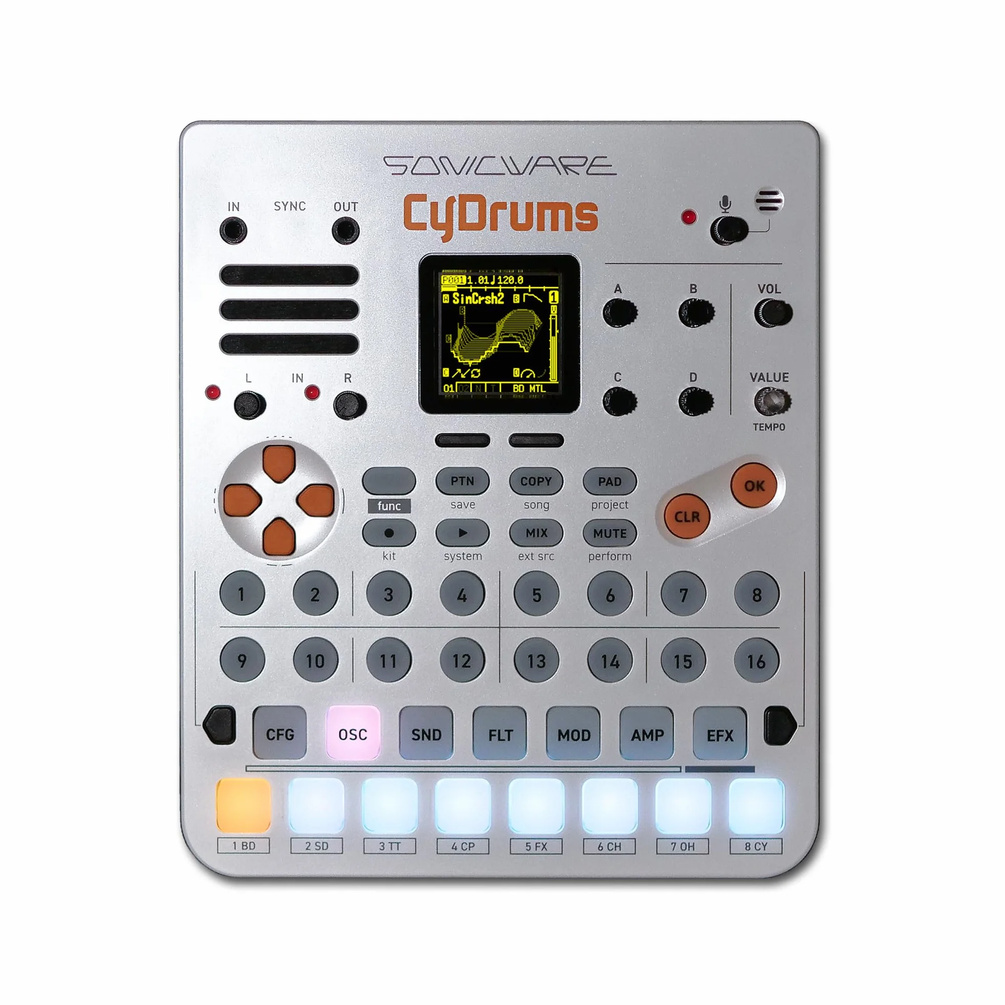 Sonicware CyDrums Expressive Drum Synthesizer Neo-Hyperactive Drum Machine Wavetable Velocity Pressure Modulation Built-in Speaker Battery-powered
