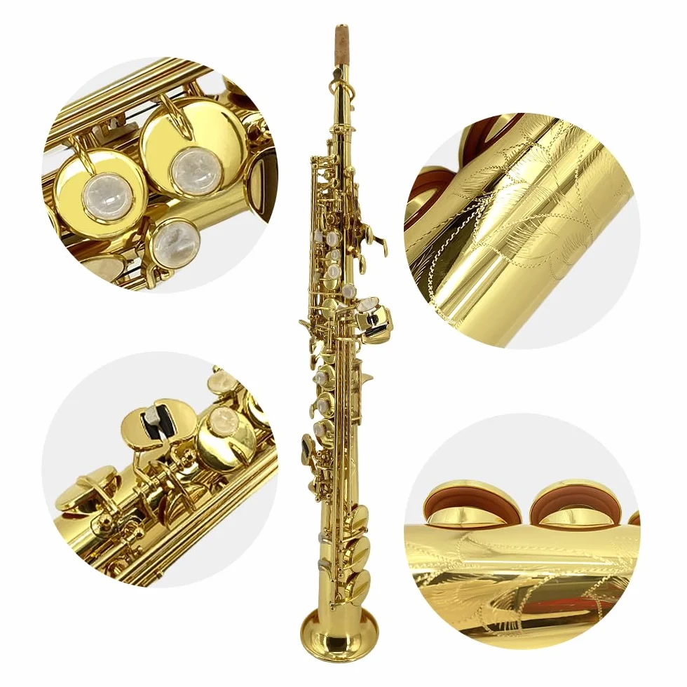 Saxophone soprano droit si bémol laqué doré avec étui embouchure sangle