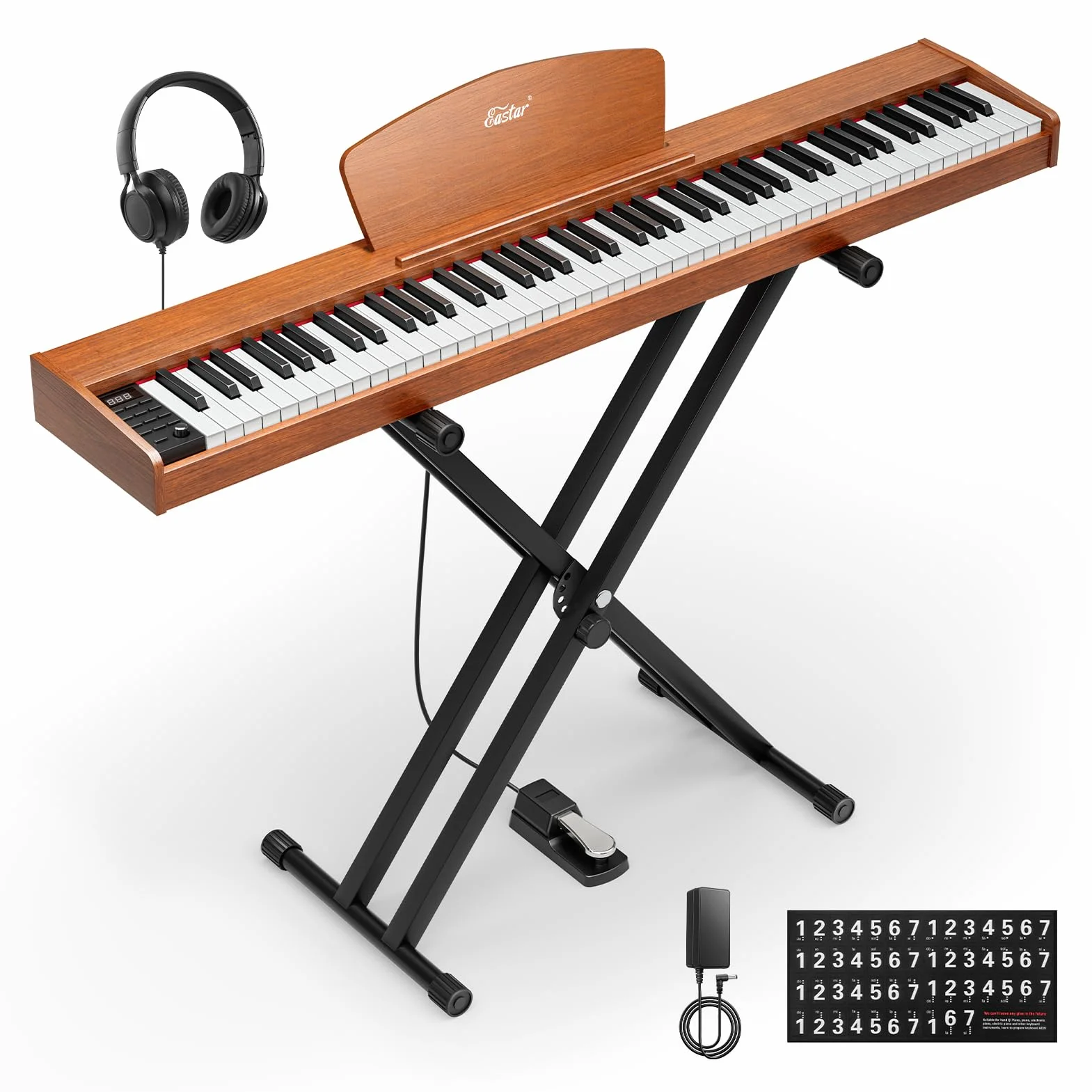 Eastar EP-80 Clavier Piano 88 Touches, Piano Électrique Pleine Taille avec Touches Sensibles, Ensemble Portable pour Débutants avec Support, Pédale et Casque, Marron