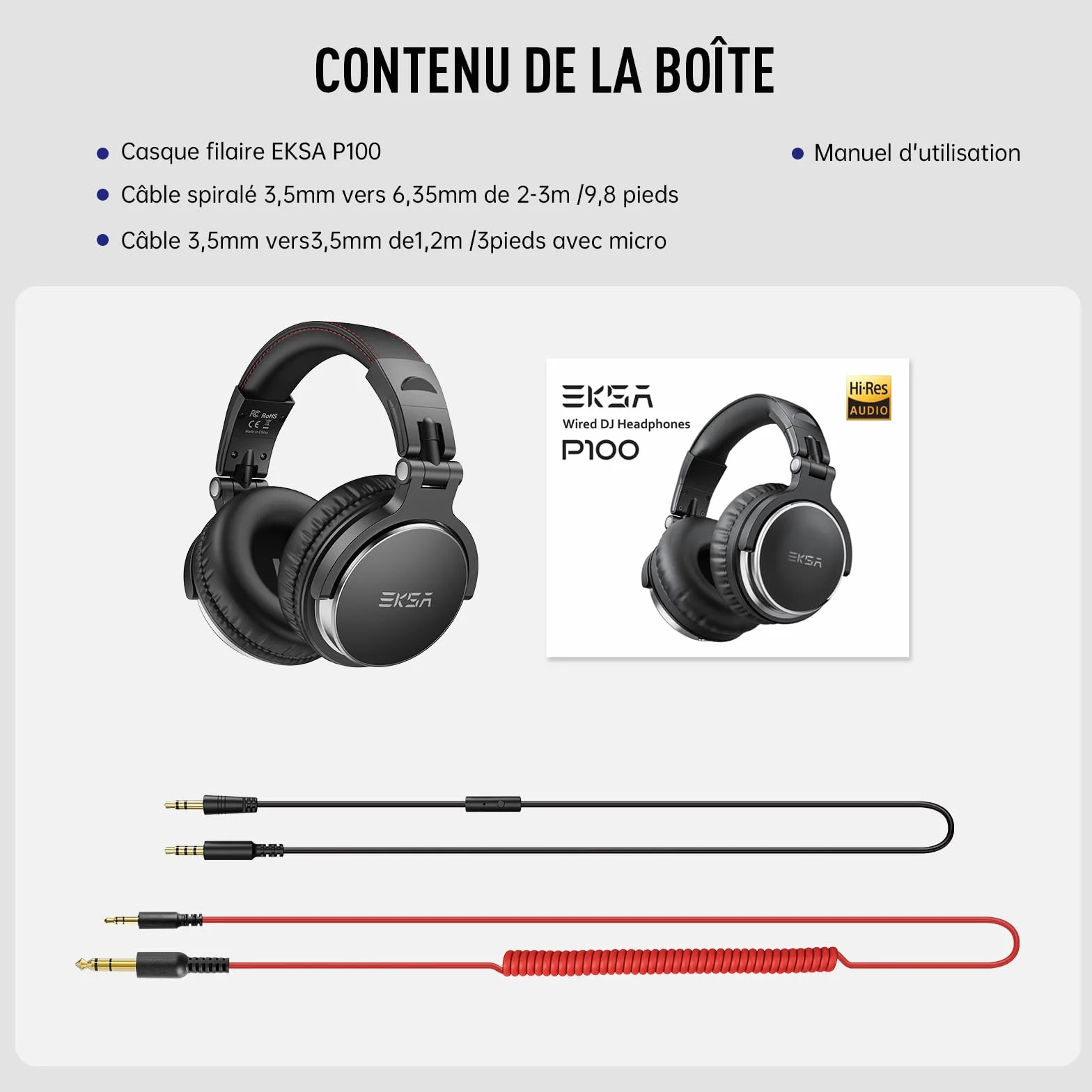 EKSA P100 Casque Audio Filaire Studio Monitor Stéréo Hi-Res Jack 6.35mm 3.5mm