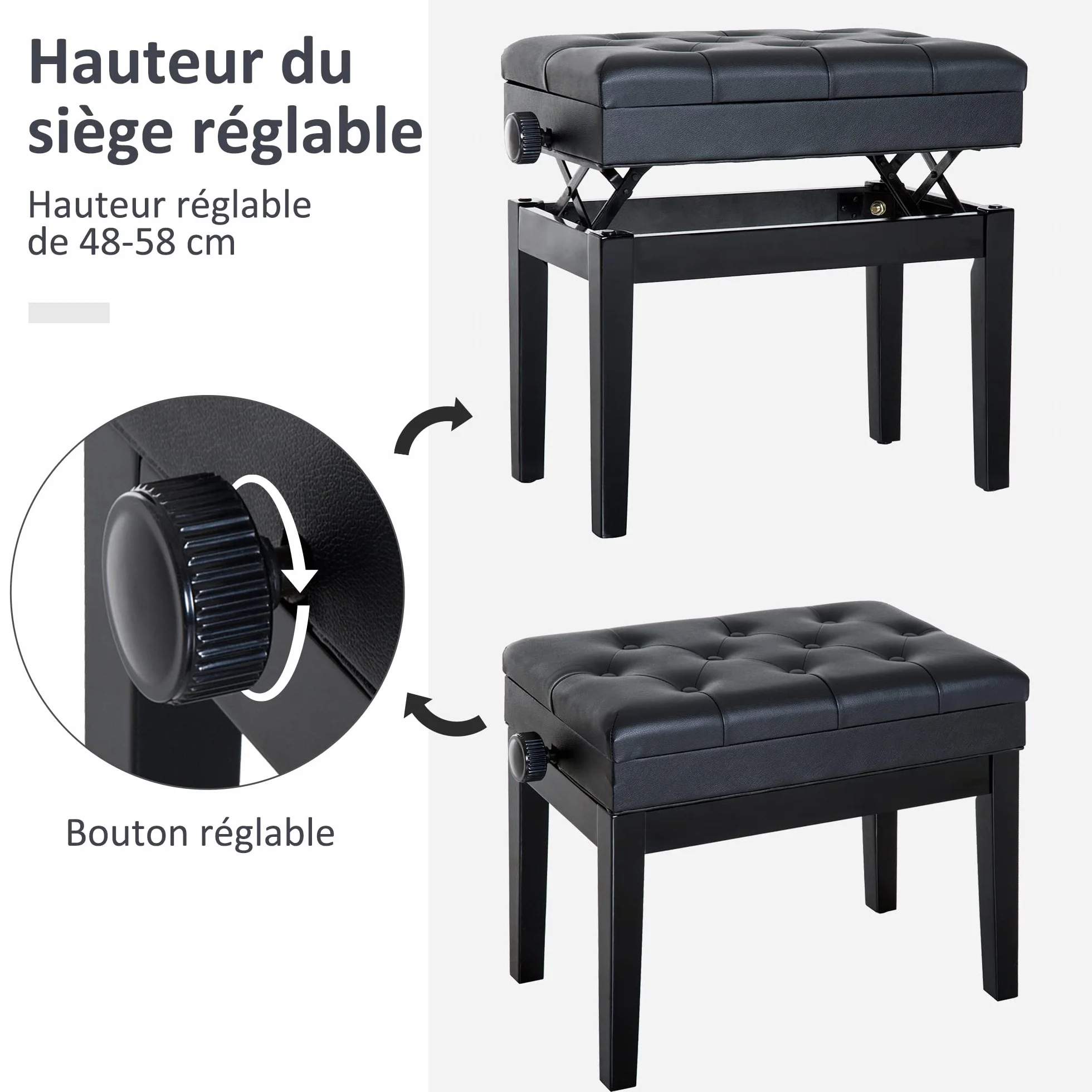 HOMCOM Banc de Piano réglable en Hauteur Bois Massif Tabouret avec Compartiment caché Noir