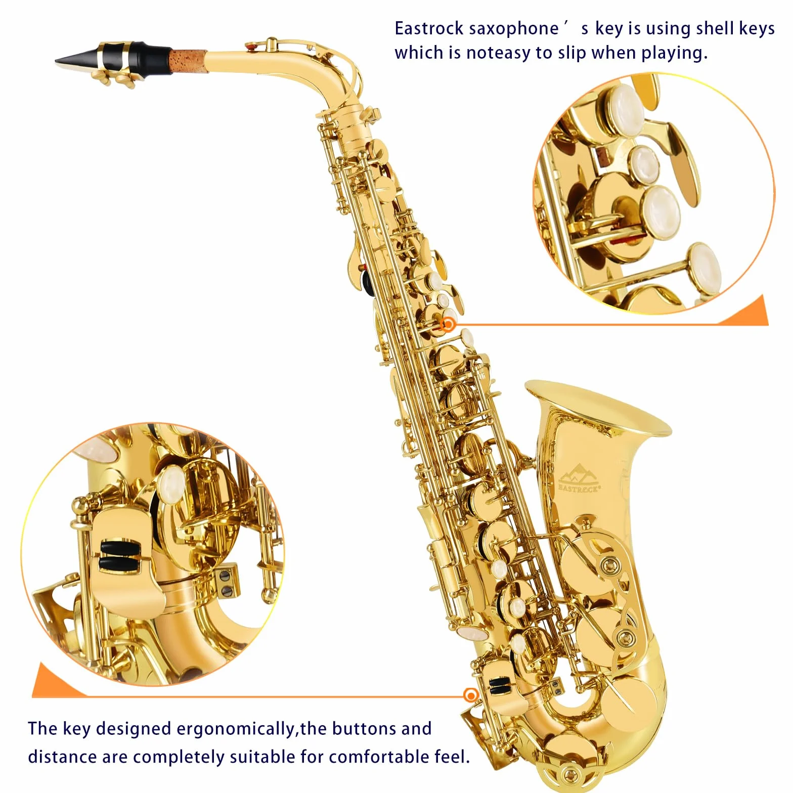 EASTROCK Saxophone Alto E Plat en Laiton Laqué Doré, Étui Rigide Inclus