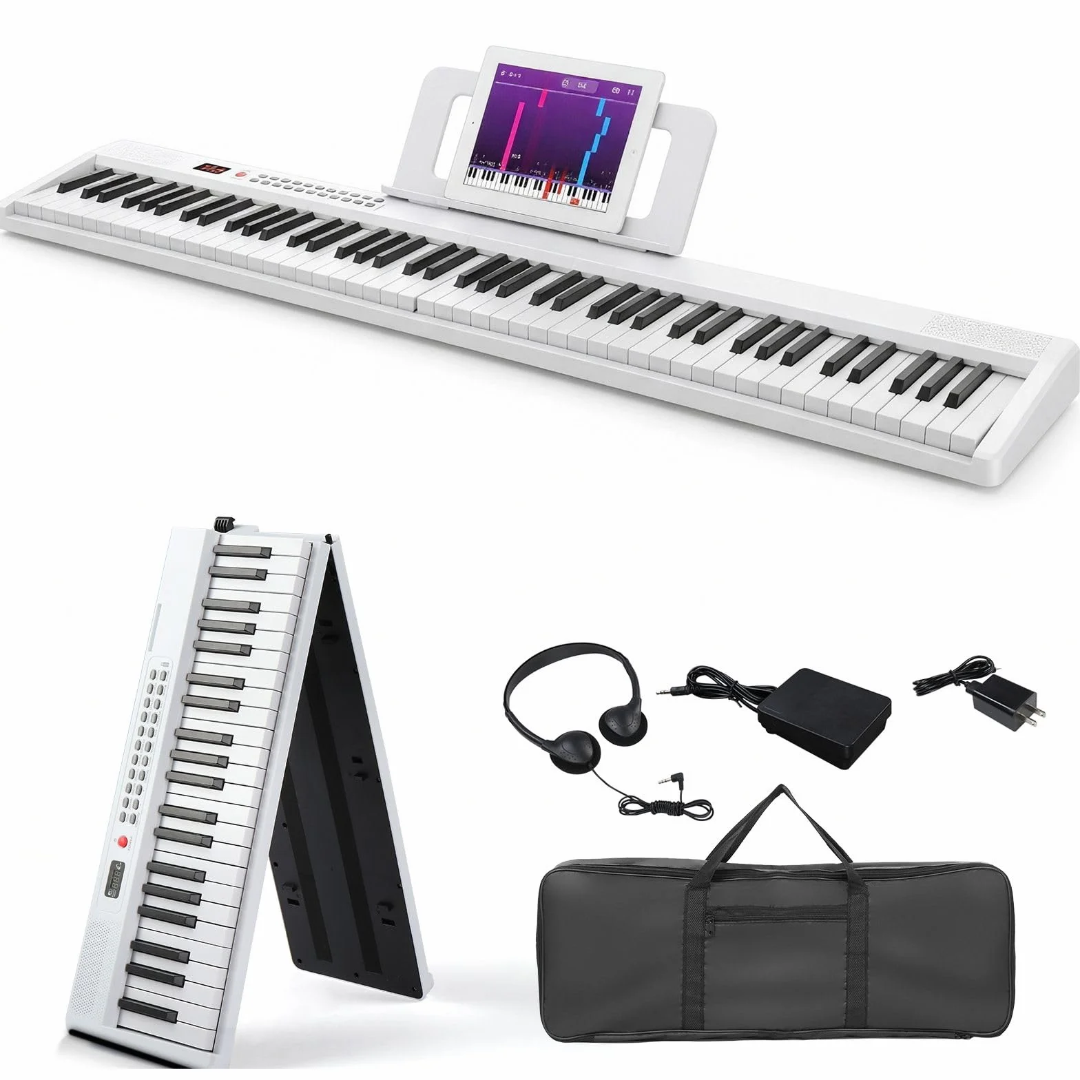 LEADZM Piano Numérique Pliable 88 Touches Semi-Lesté, 2 Modes Bluetooth, 1000 Rythmes, 1000 Sonorités, 50 Démos (Blanc)