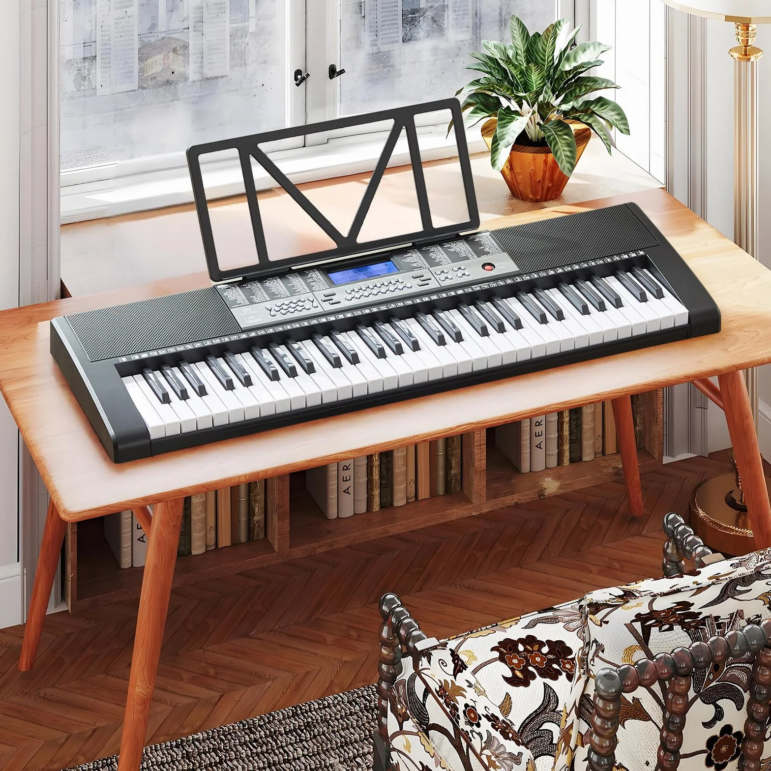 MUSTAR Piano à clavier lumineux 61 touches, clavier numérique pour débutants avec support, tabouret, casque (Noir)
