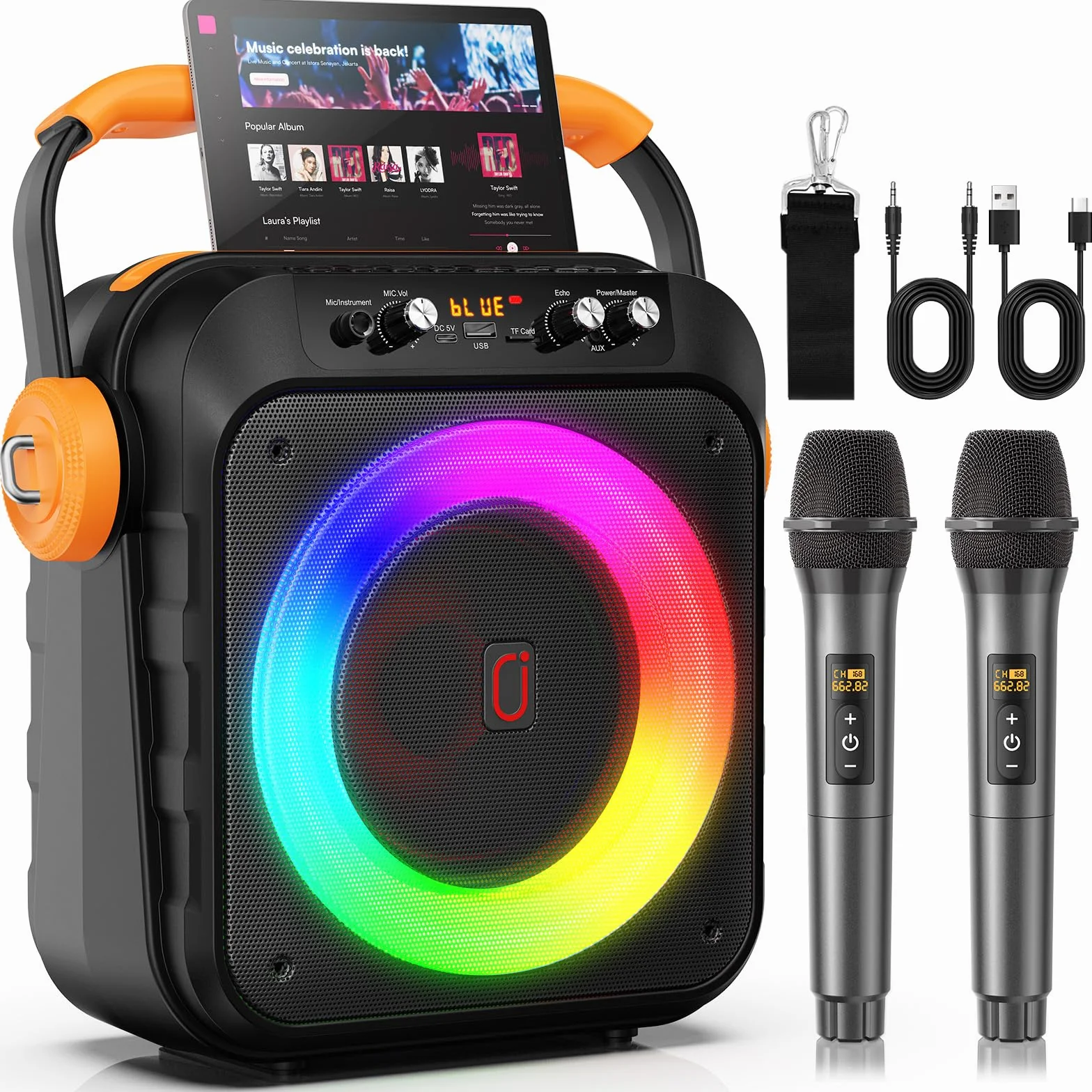 JYX Enceinte Karaoke 80W 2 Micros sans Fil Subwoofer 6,8'' Batterie 6500mAh Lumières LED