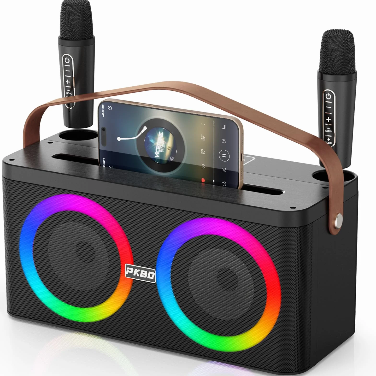 PKBD Machine de Karaoké Portable avec 2 Microphones sans Fil et Lumières LED