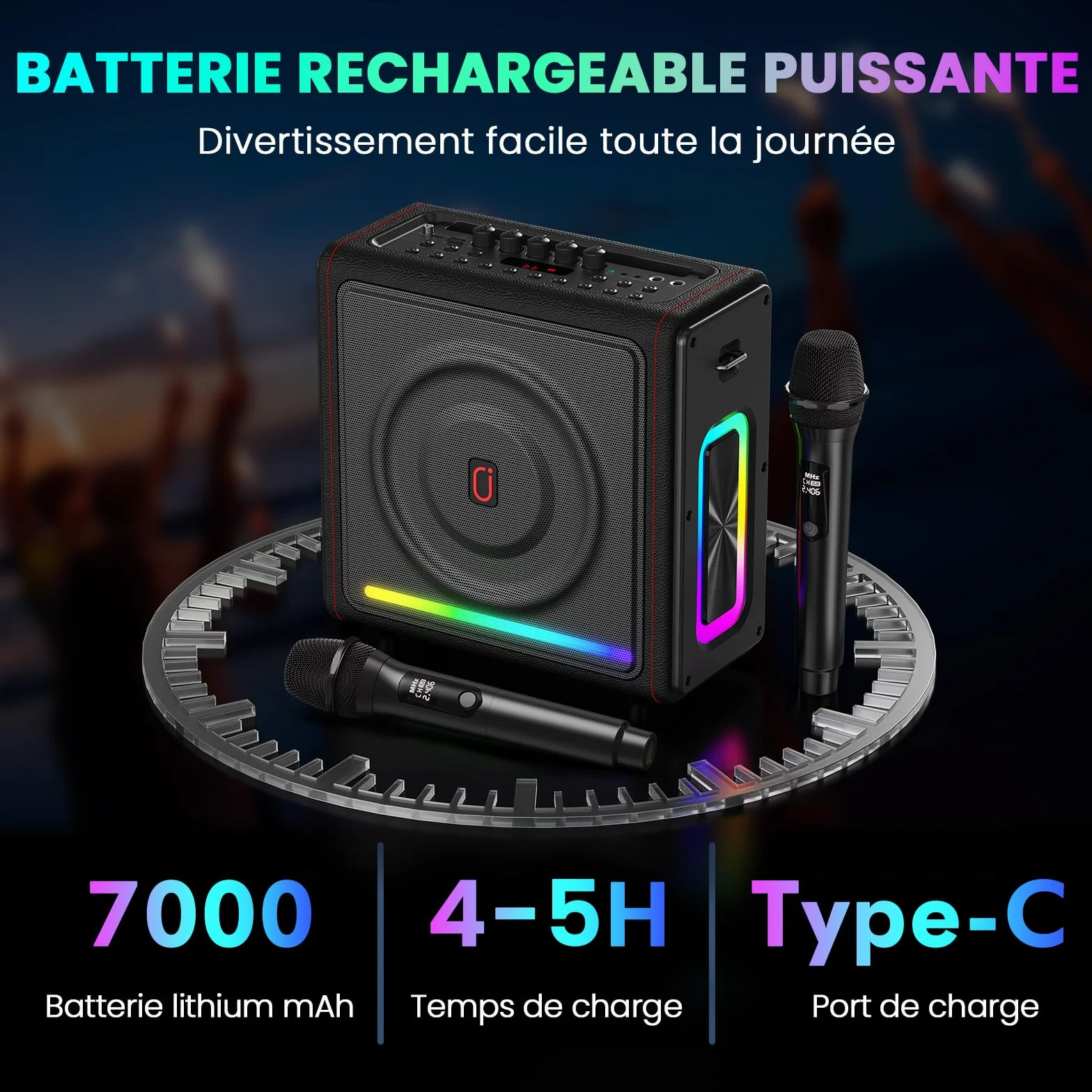 Machine Karaoke sans Fil 300W avec 2 Micros, LED, Autonomie 36h, Système PA TF/USB FM