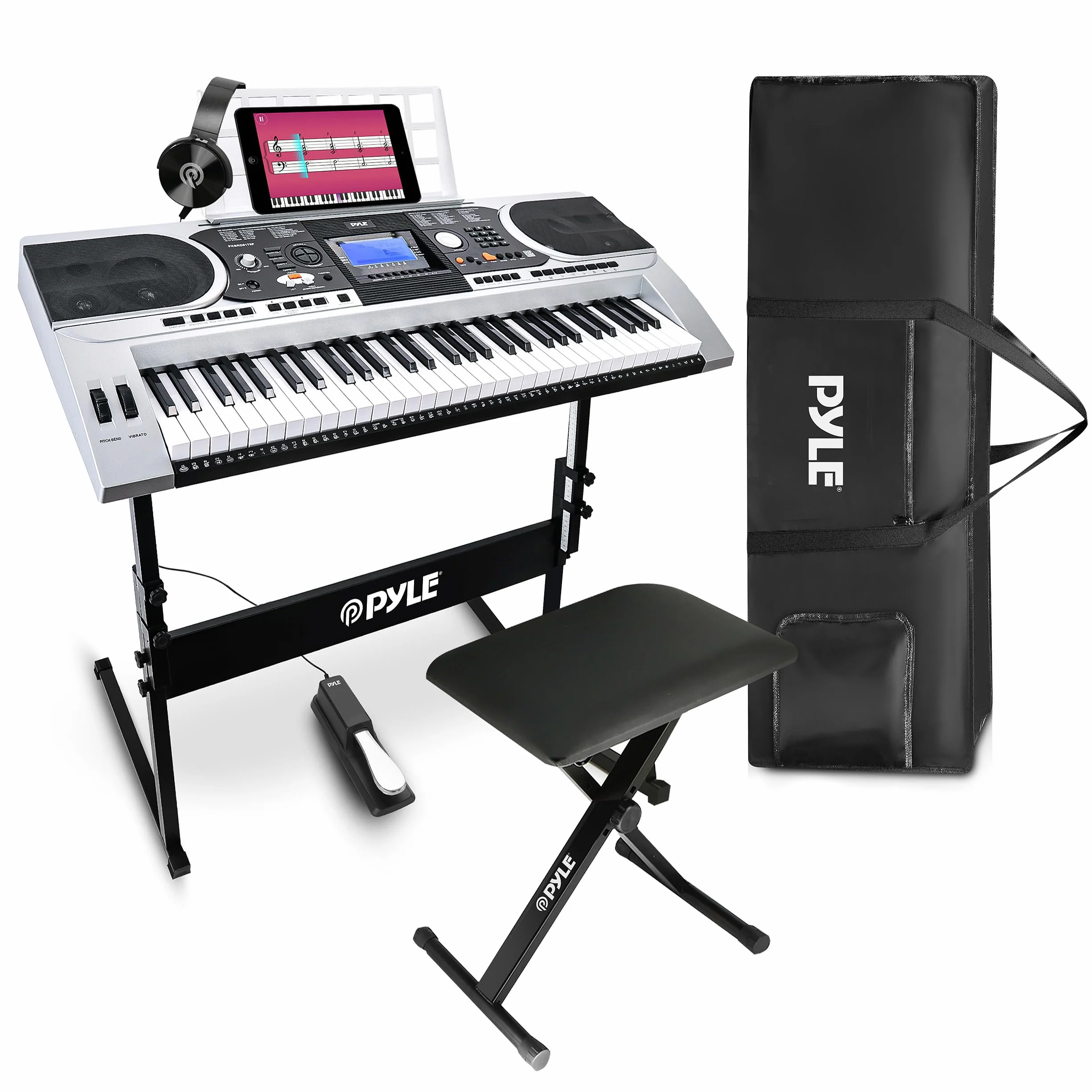 Pyle Piano Numérique Portable 61 Touches 2-en-1 avec Pédale de Sustain, Casque, Housse, Tabouret et Support