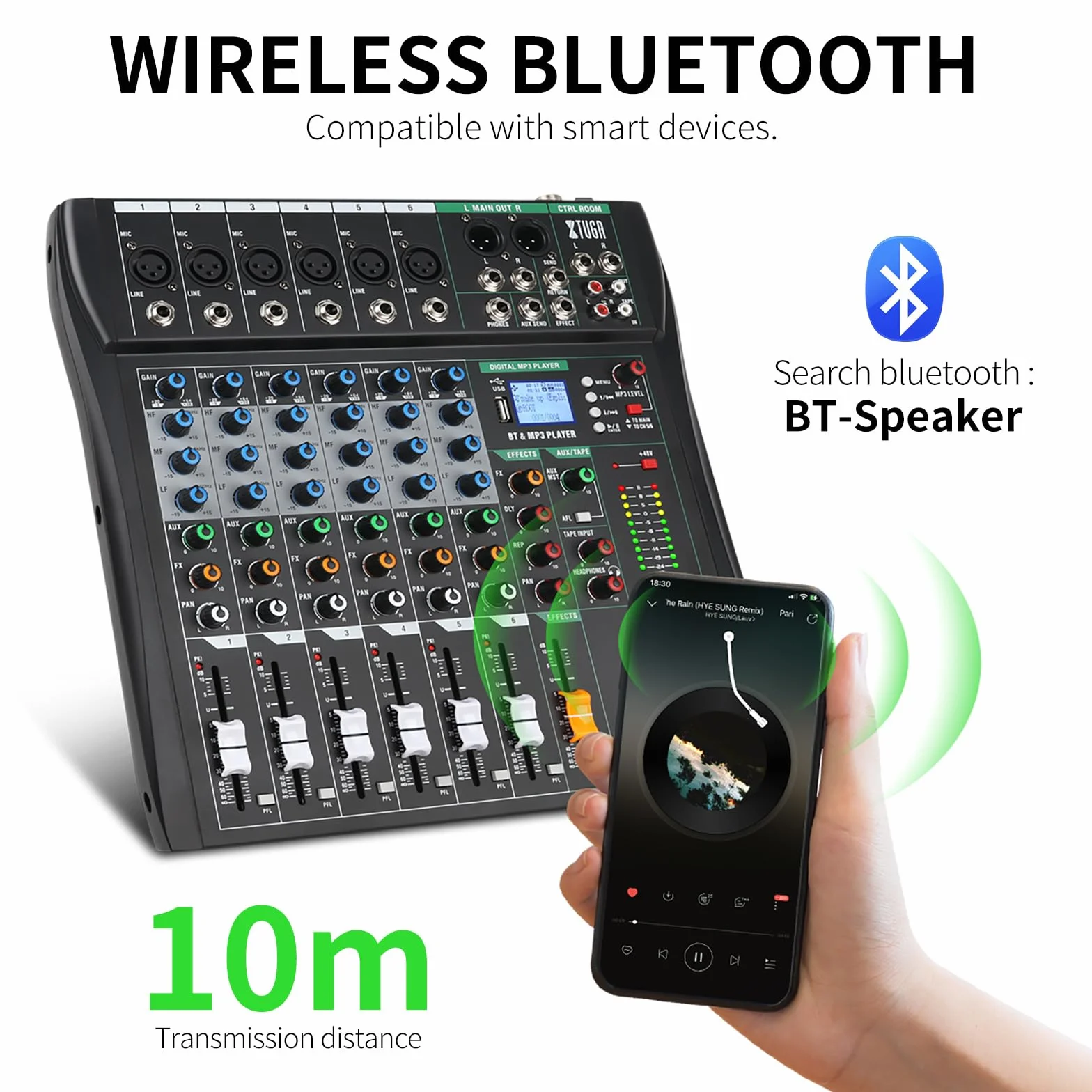 XTUGA CT60 Table de mixage audio 6 canaux avec effet numérique, alimentation fantôme 48V, entrée RCA XLR