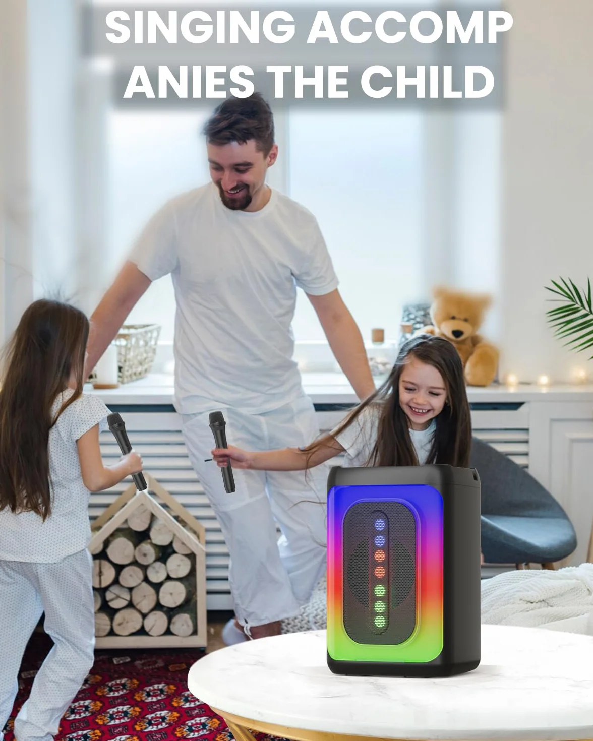 Ankuka Enceinte Bluetooth Karaoké Portable avec 2 Microphones, Lumières LED, TF/USB, FM, Aux, TWS, Noir
