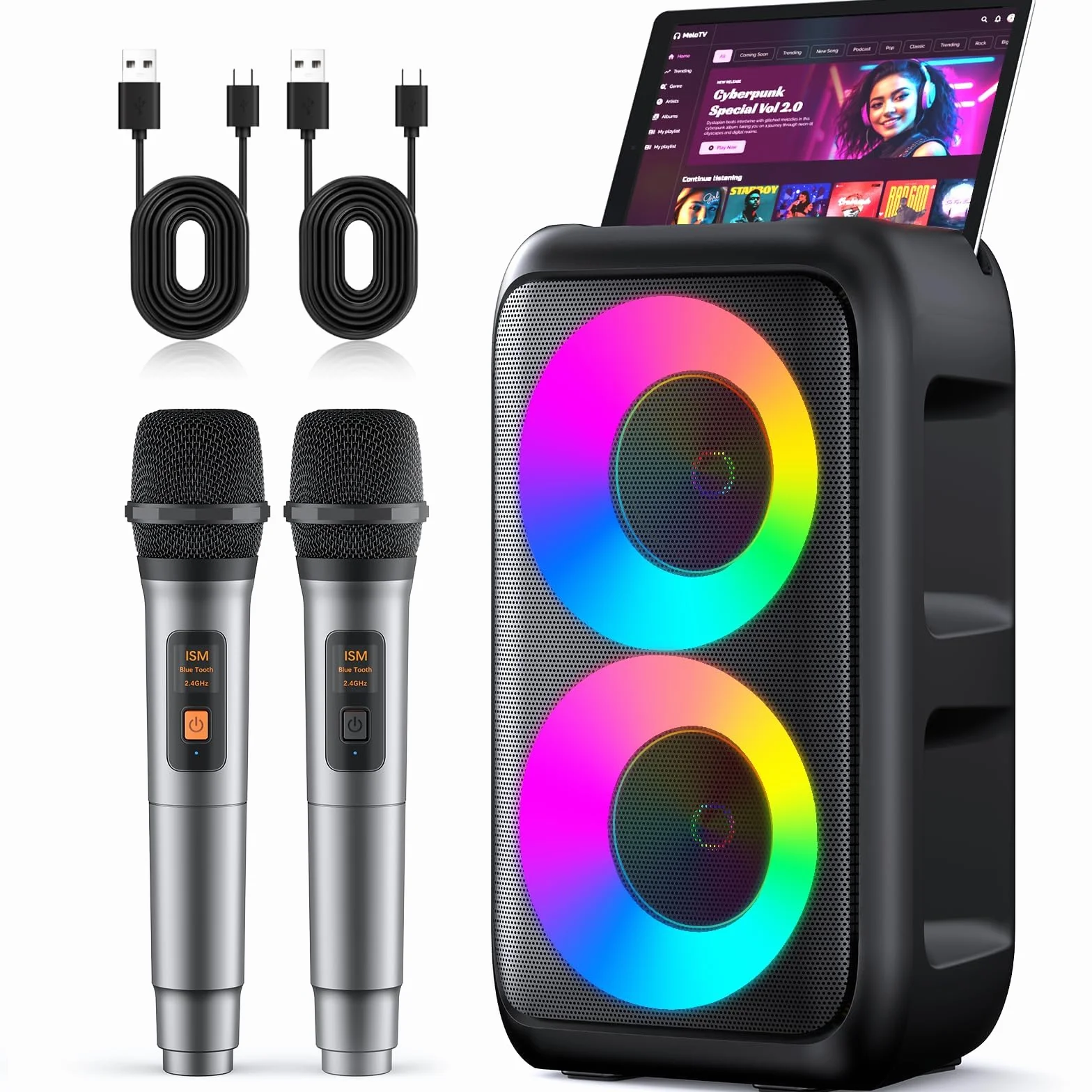 Karaoke Adulte Haut-Parleur Bluetooth Portable avec 2 Microphones sans Fil Système PA Lumières