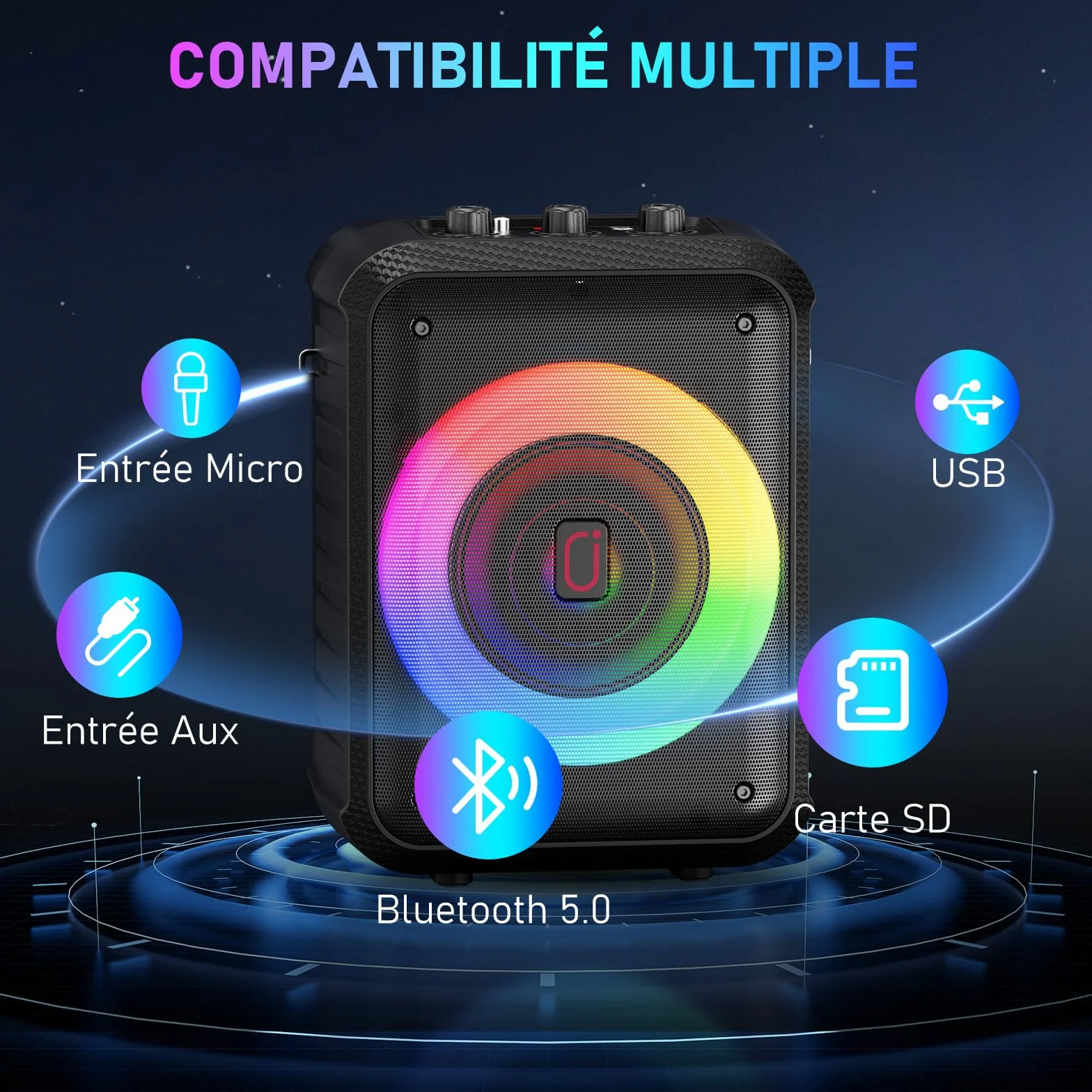 Enceinte Karaoke 120W 2 Micros sans Fil Bluetooth Portable avec Lumières LED