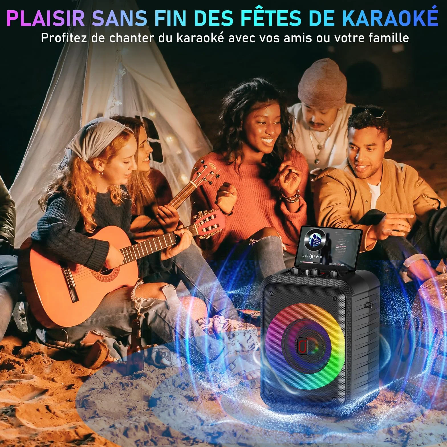 Enceinte Karaoke 120W 2 Micros sans Fil Bluetooth Portable avec Lumières LED