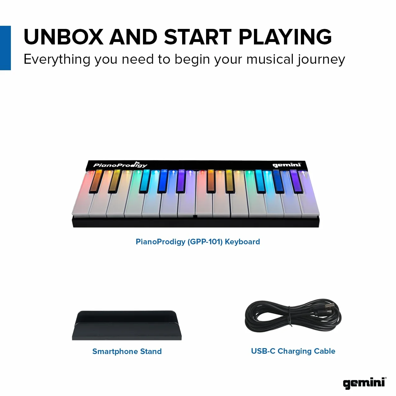 Gemini Sound PianoProdigy Clavier 24 touches Bluetooth éclairé portable MIDI contrôleur sans fil iOS Android