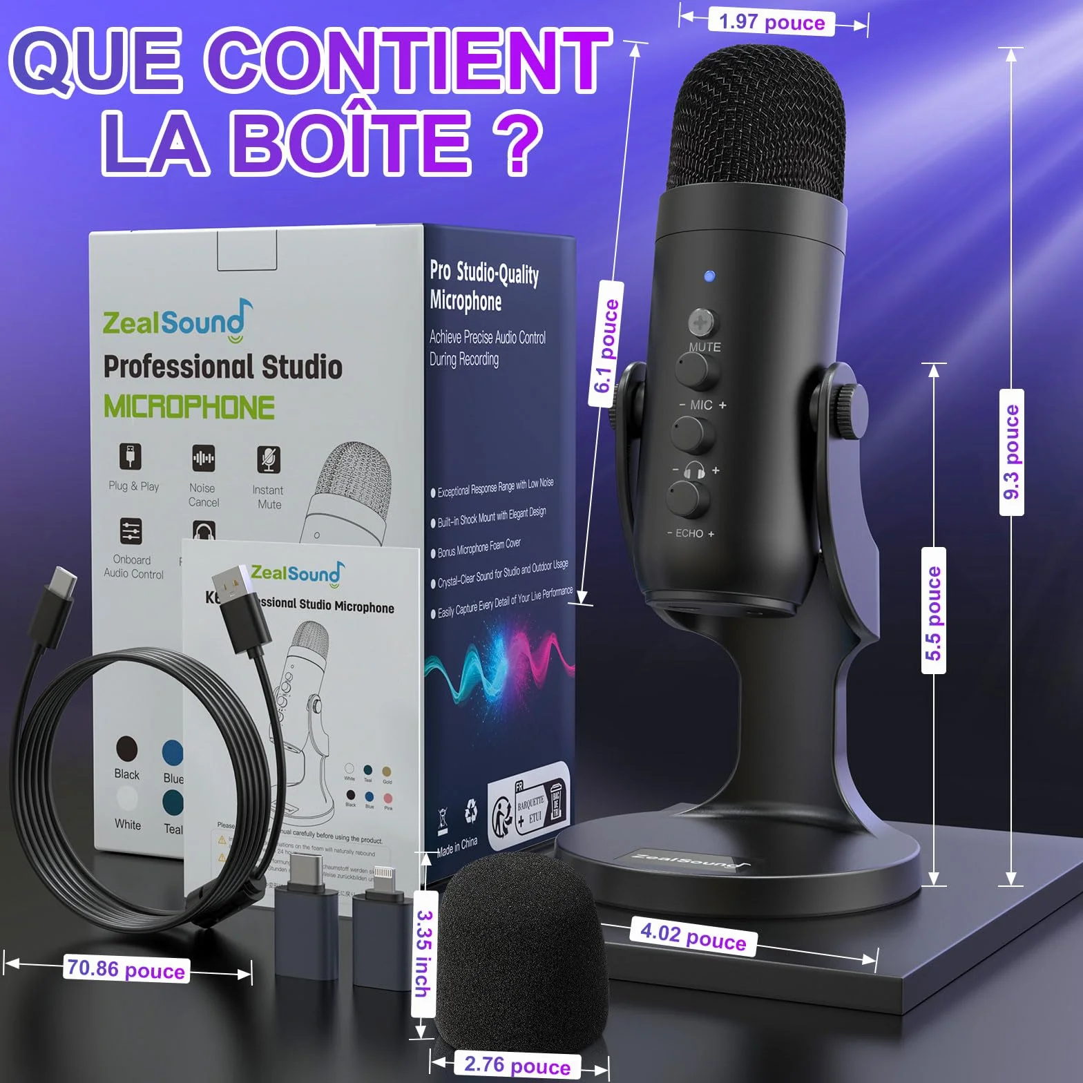 ZealSound Micro Podcast USB à Condensateur - Réduction du Bruit pour PC, Gaming, Streaming, Enregistrement