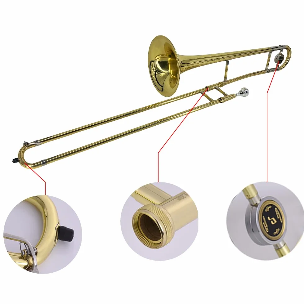 Trombone Bb en laiton doré laqué avec embouchure cuivre et nickel et étui de nettoyage