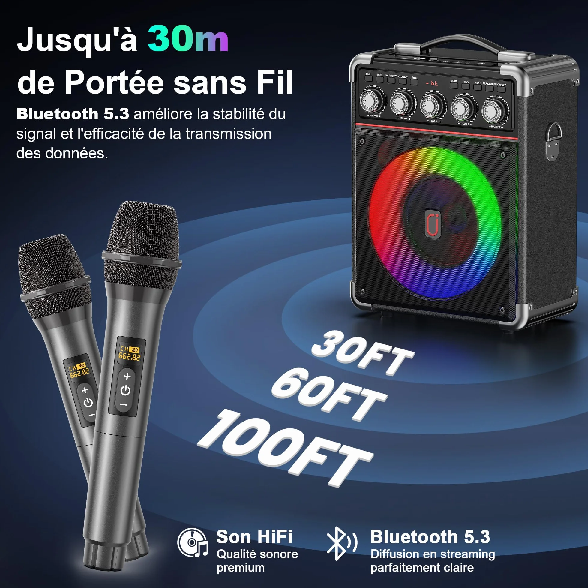 JYX Enceinte Karaoke 100W sans Fil Autonomie 24h DSP Bicœur