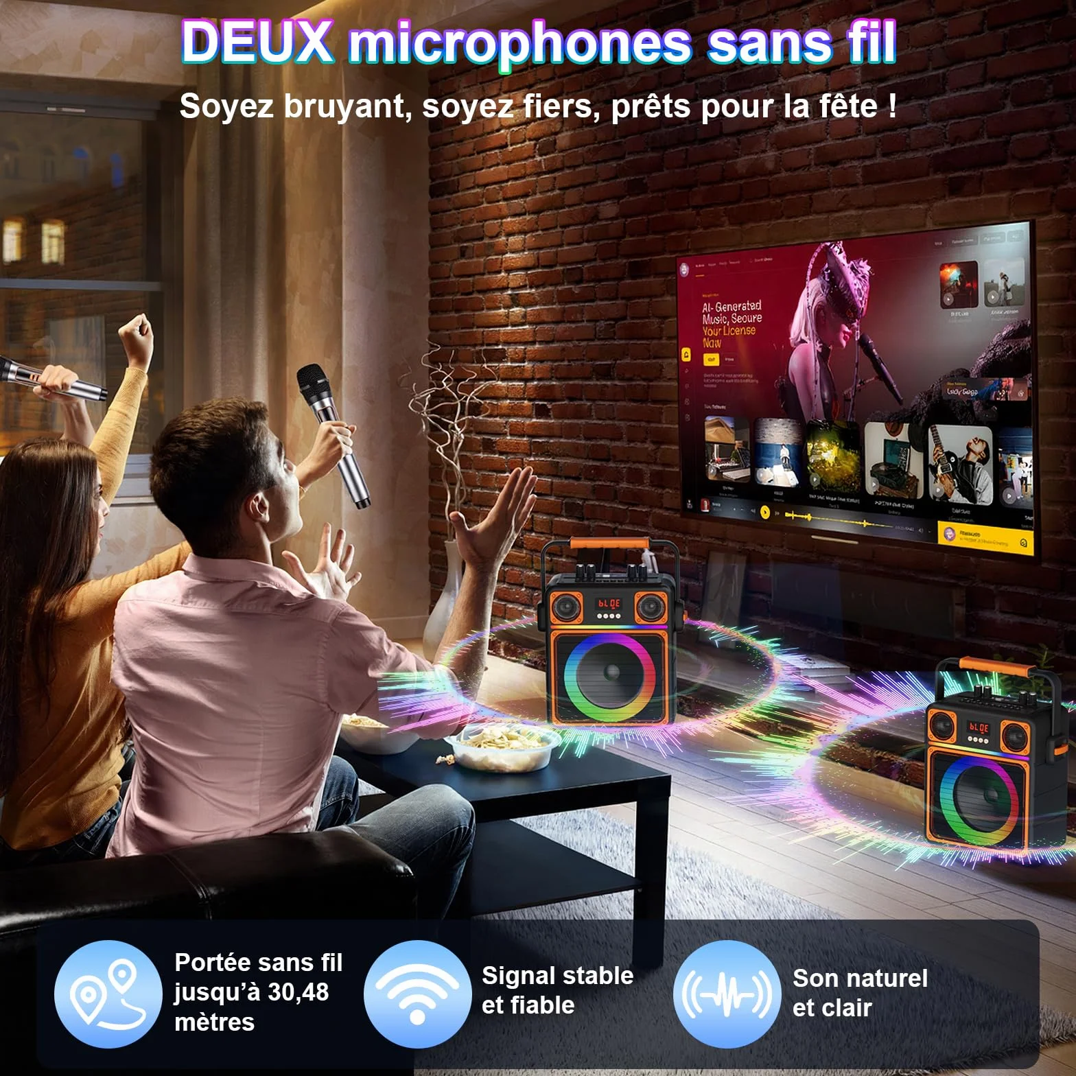 Machine de Karaoké Bluetooth Portable avec 2 Microphones Sans Fil, Haut-Parleur avec Lumières Disco, Supporte TWS/FM/AUX/USB/TF