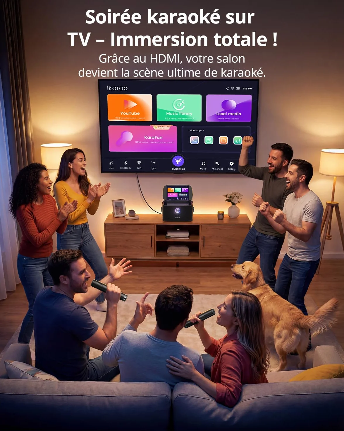 Ikarao Karaoké Adulte Enceinte Pro avec Écran 2 Micros sans Fil 140W Compatible Wi-Fi HDMI TV Abonnement Karafun Inclus Shell S2
