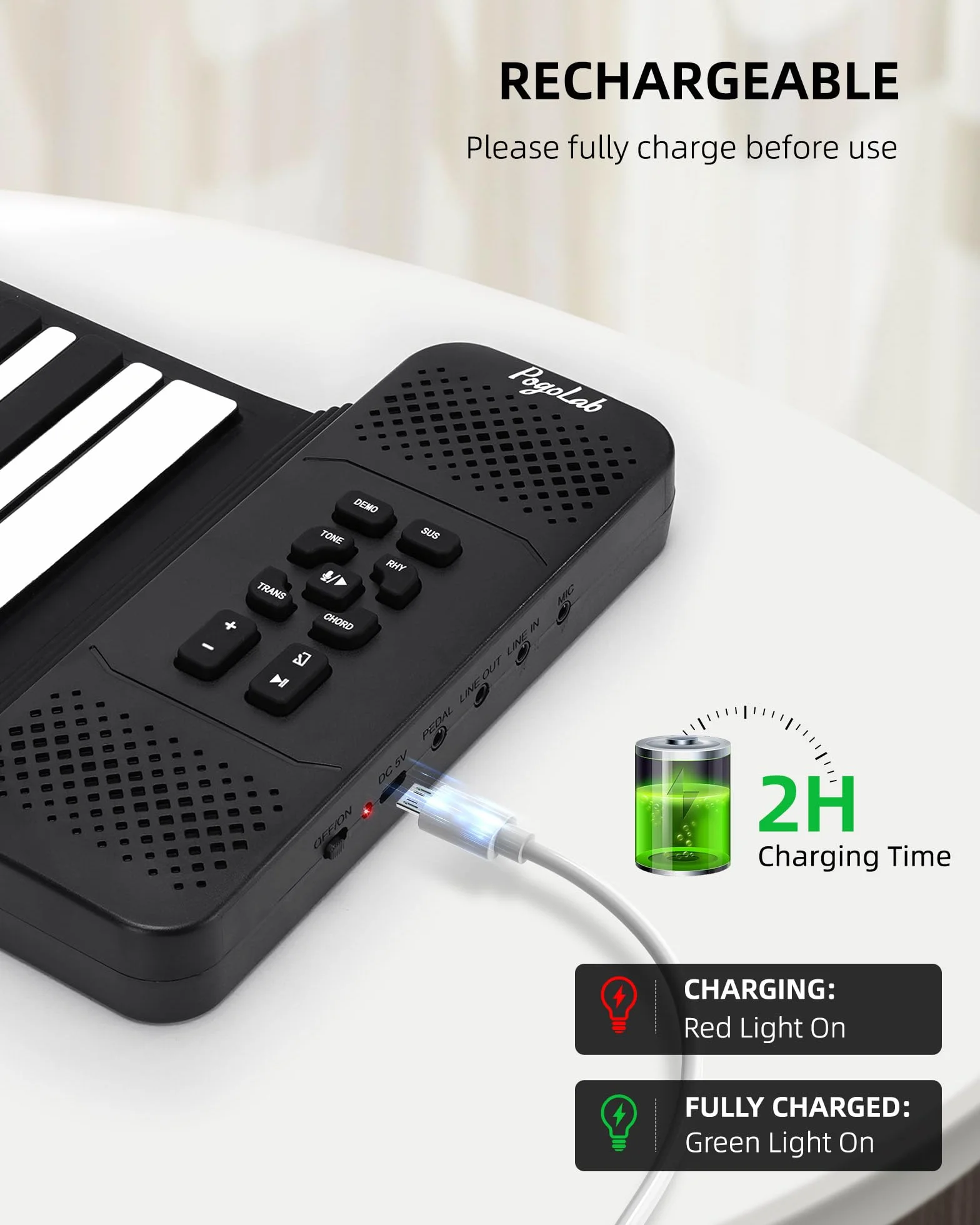 POGOLAB Clavier Piano 88 Touches Enroulable - Portable avec Bluetooth, 128 Tonalités, 128 Rythmes, Pédale