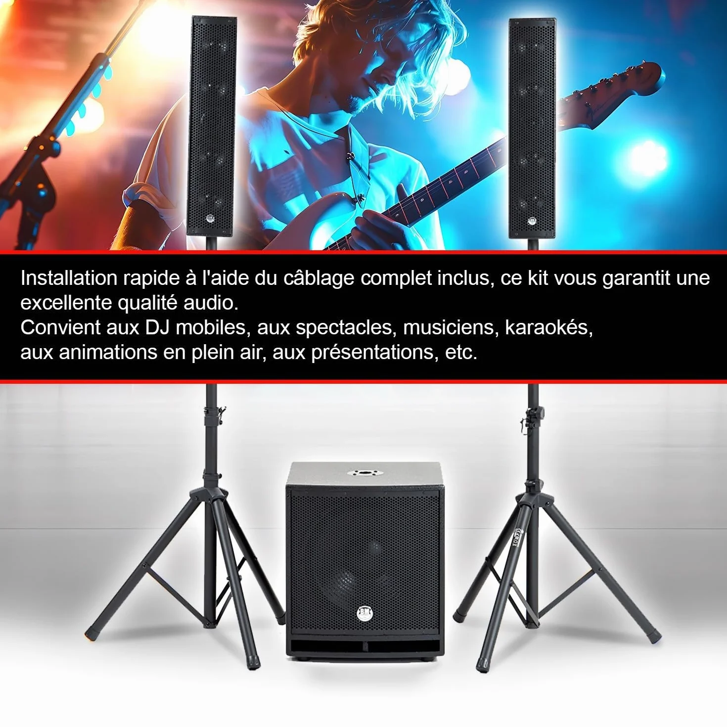 BM Bmsonic BMS-15-SLIM-BT 1200W Enceintes Satellites SUB 38cm USB/Bluetooth Pack Sonorisation DJ Complet