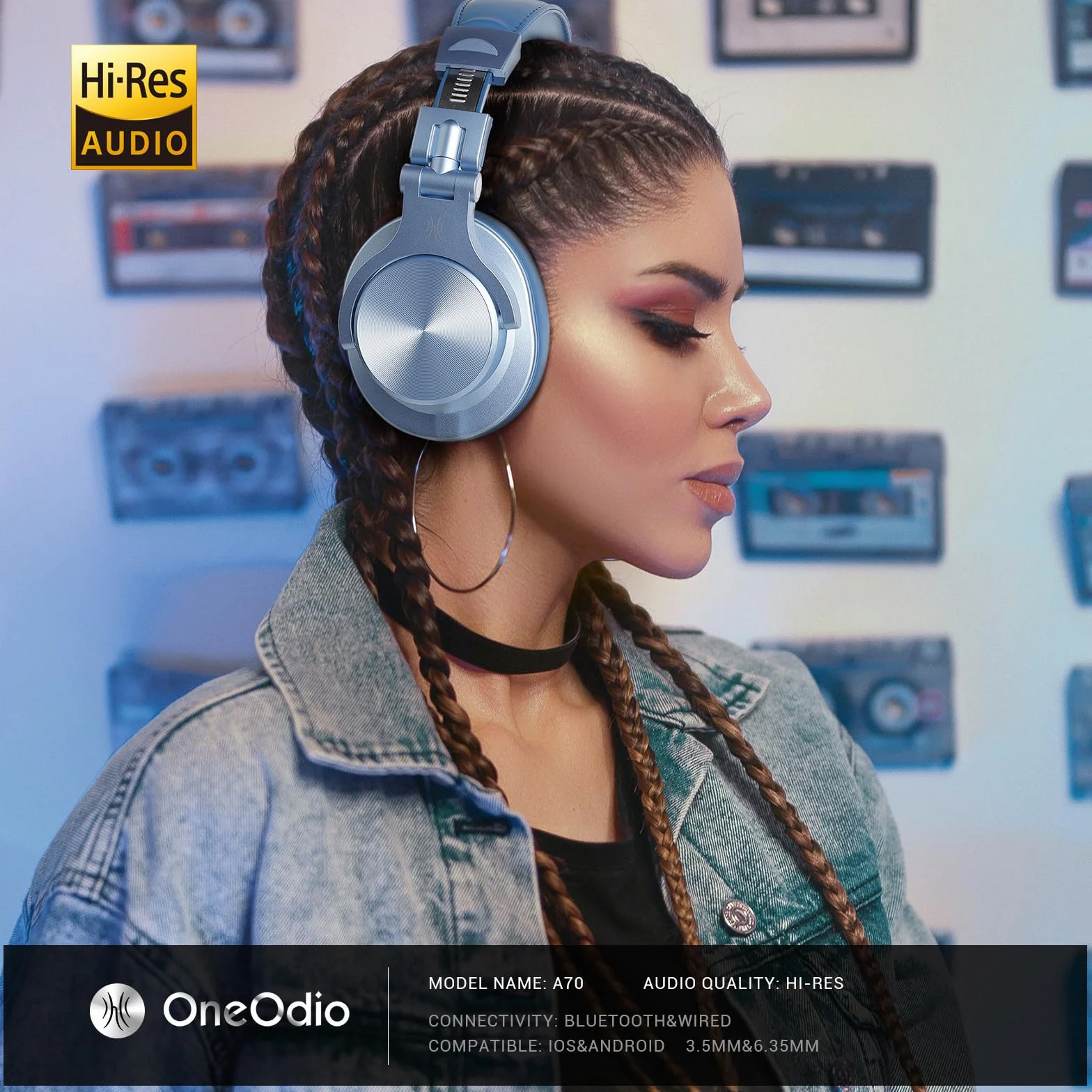 OneOdio A70 Casque Audio Bluetooth Sans Fil 72H, Casque Diadème Fermé avec Port Partagé, Écouteurs 3,5 mm pour DJ, Piano, Guitare, Enregistrement, Bleu Ciel