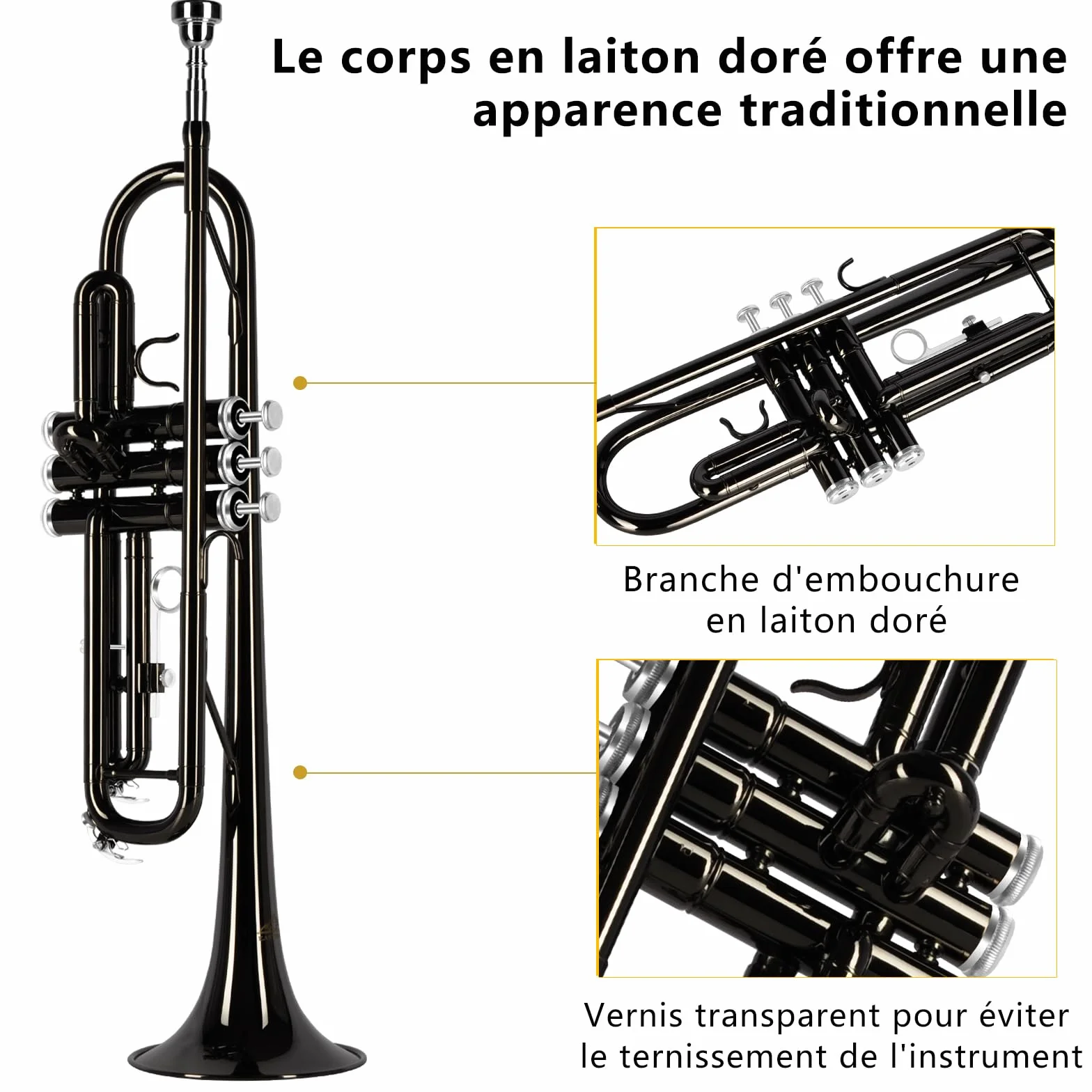 EASTROCK Trompette en Sib pour débutant, laiton standard avec étui, gants, embouchure 7C (Noir)