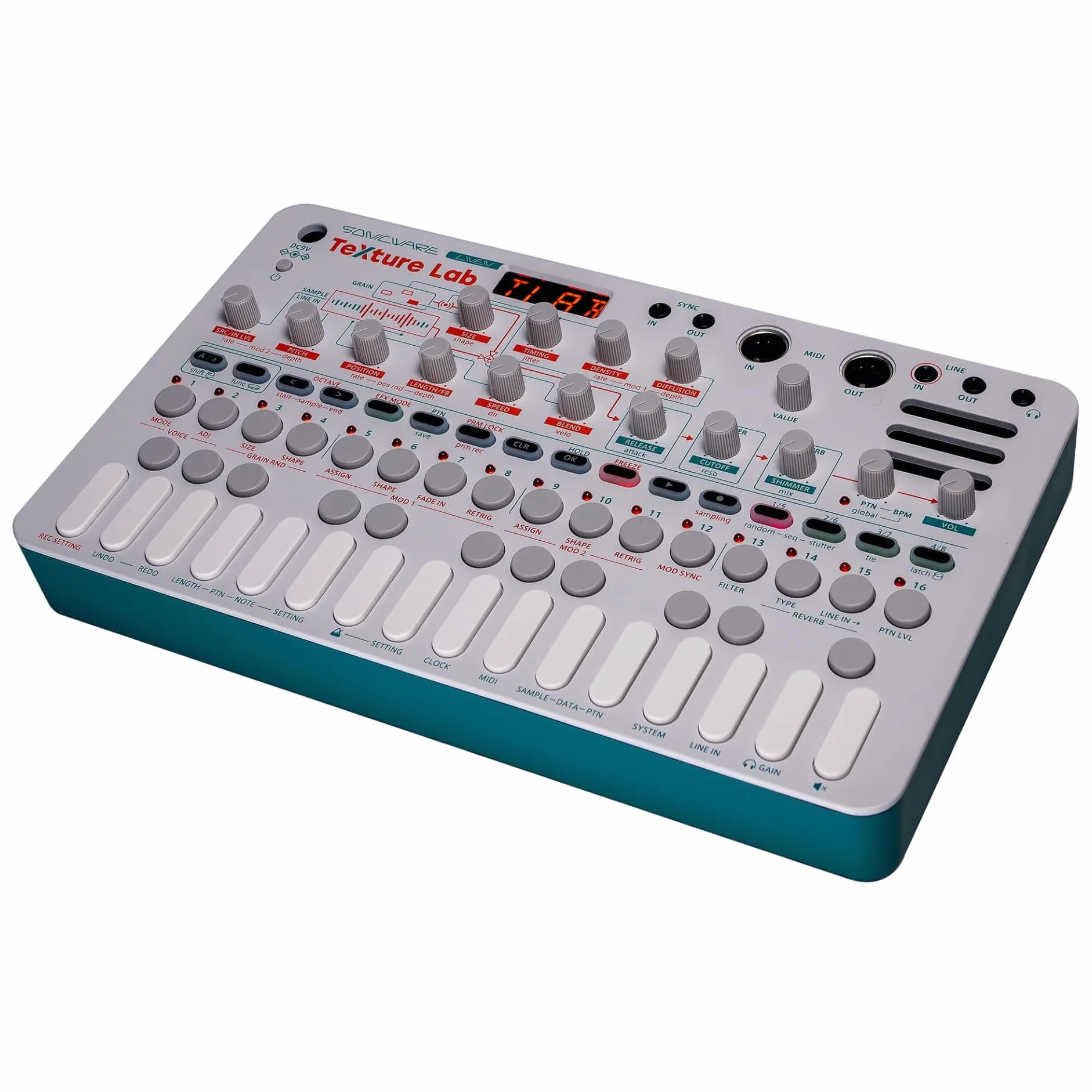 Sonicware LIVEN Texture Lab Synthétiseur Granulaire 4 voix 64 grains 6 réverbes Shimmer séquenceur 128 pas